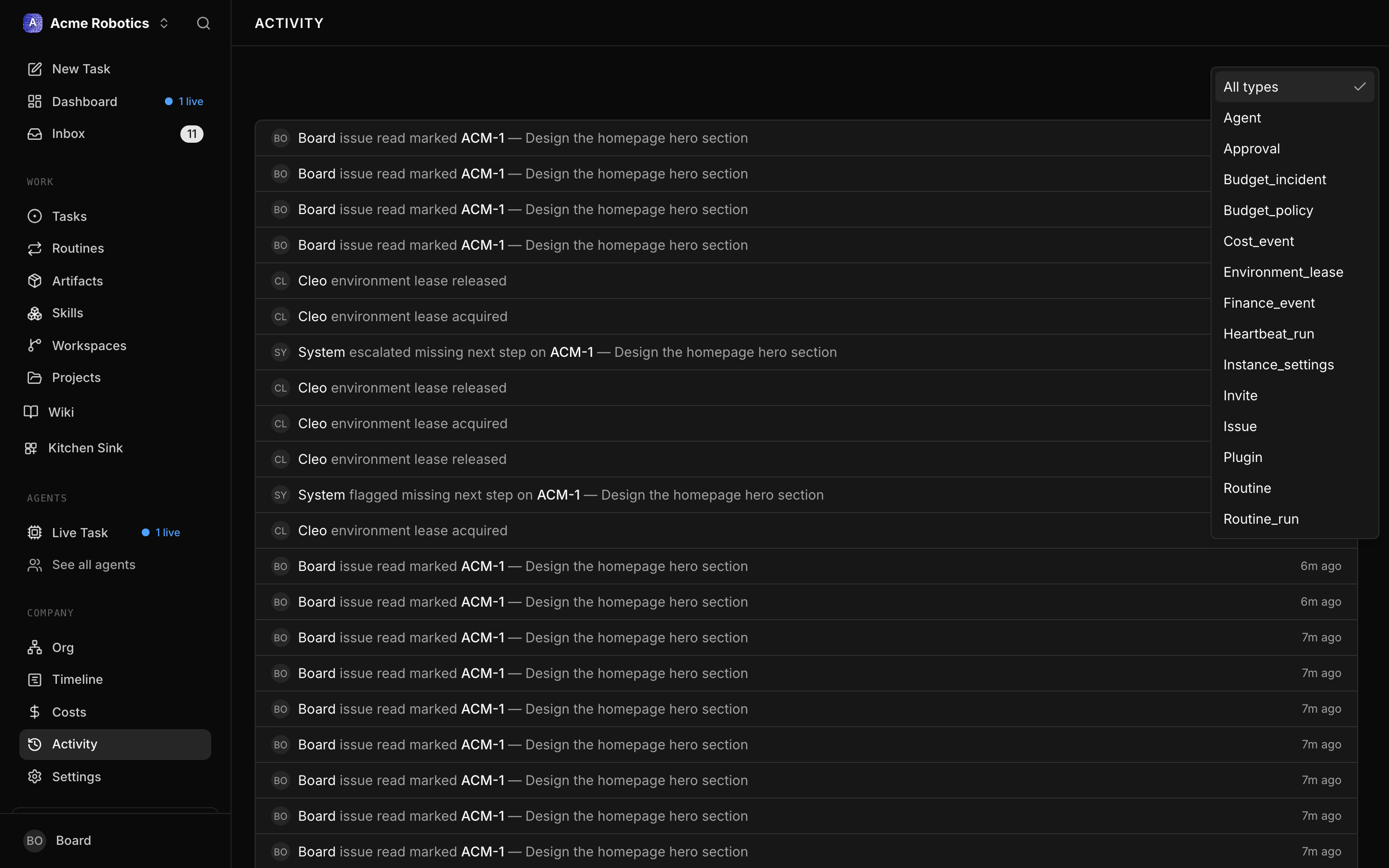 Activity Log with the filter bar open, showing options for agent, entity type, and time range