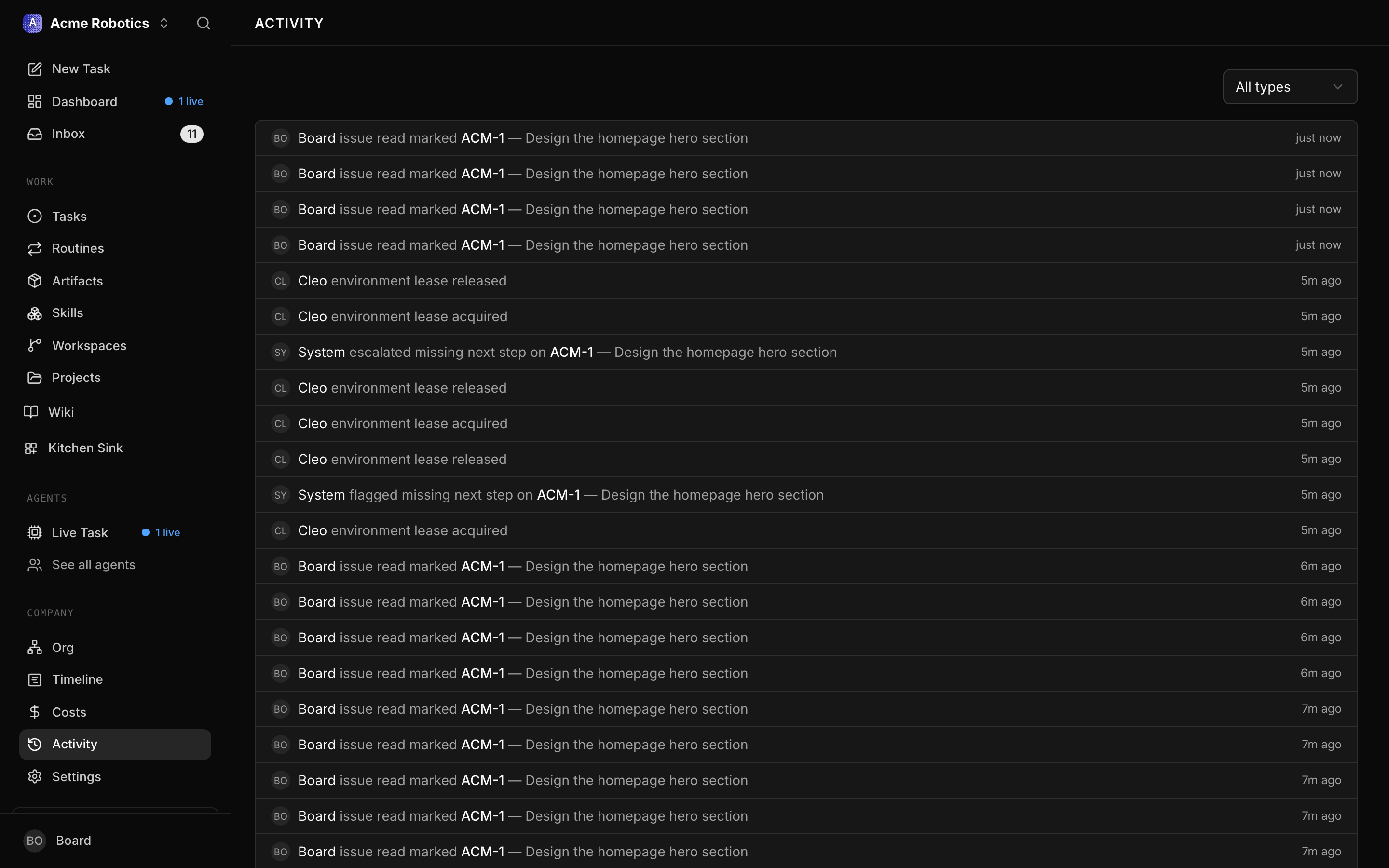 Activity Log page showing a full chronological feed of events with actor names, action descriptions, and timestamps