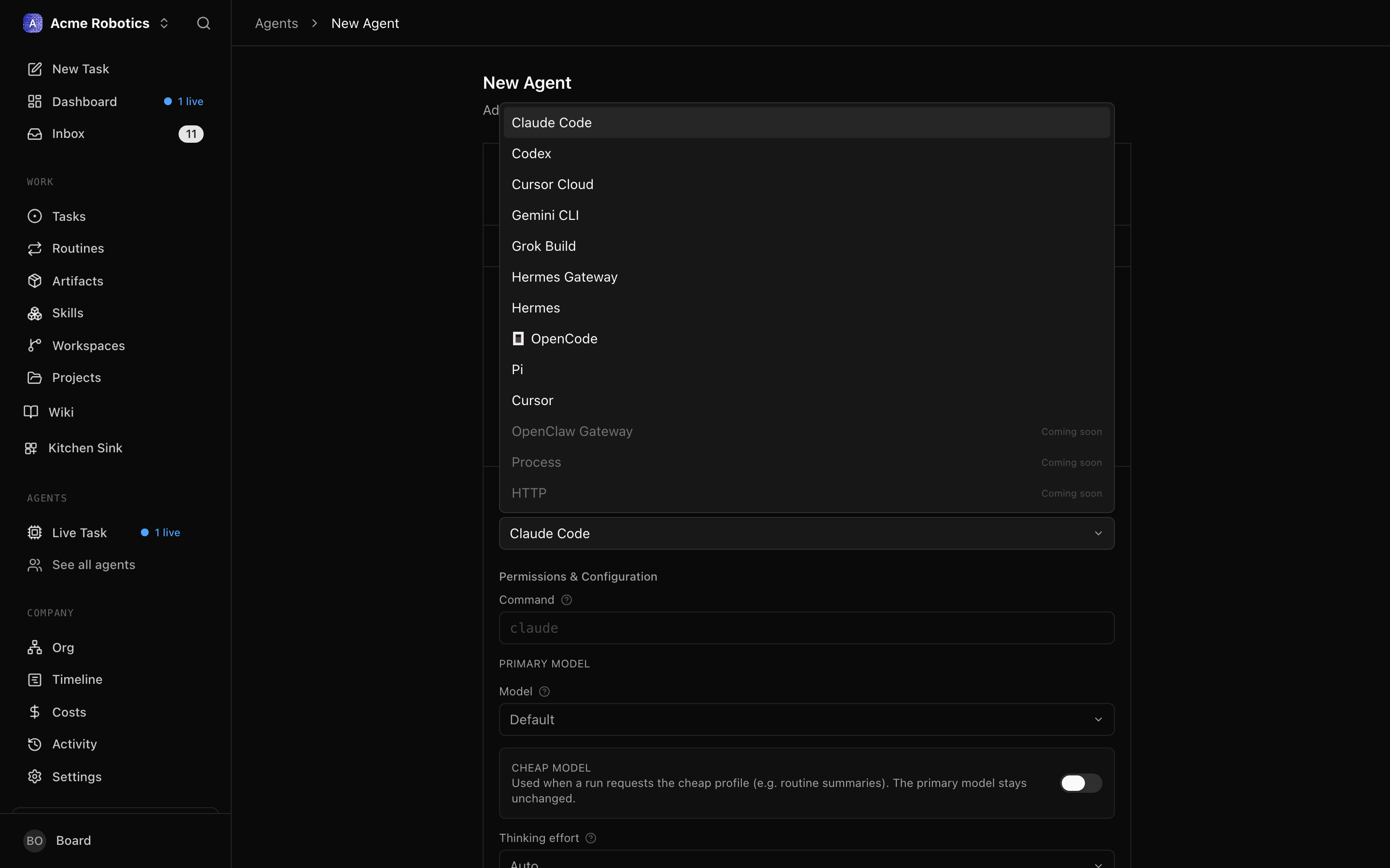 The adapter type dropdown showing available adapter options