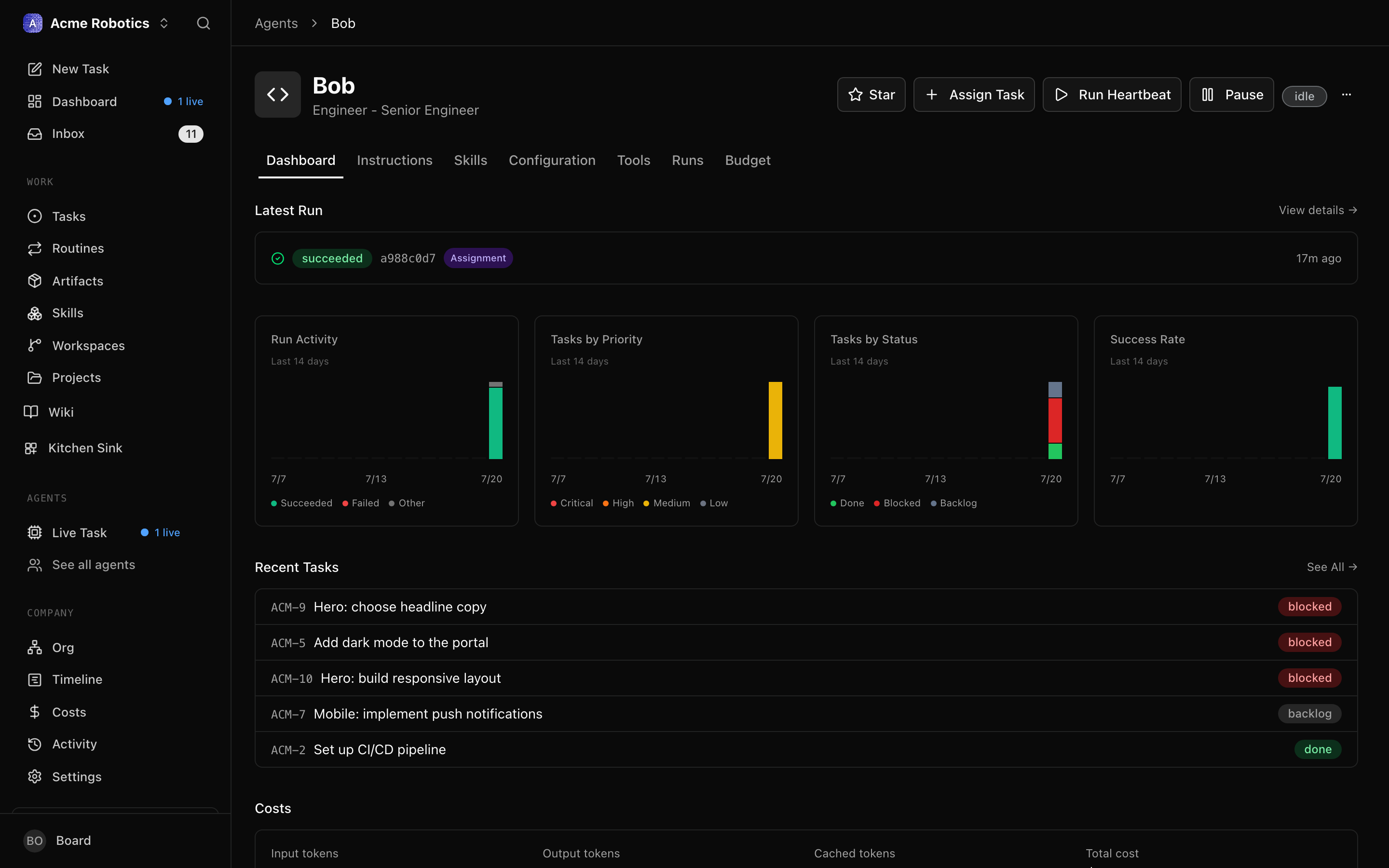 The agent detail page showing the CEO agent in idle status