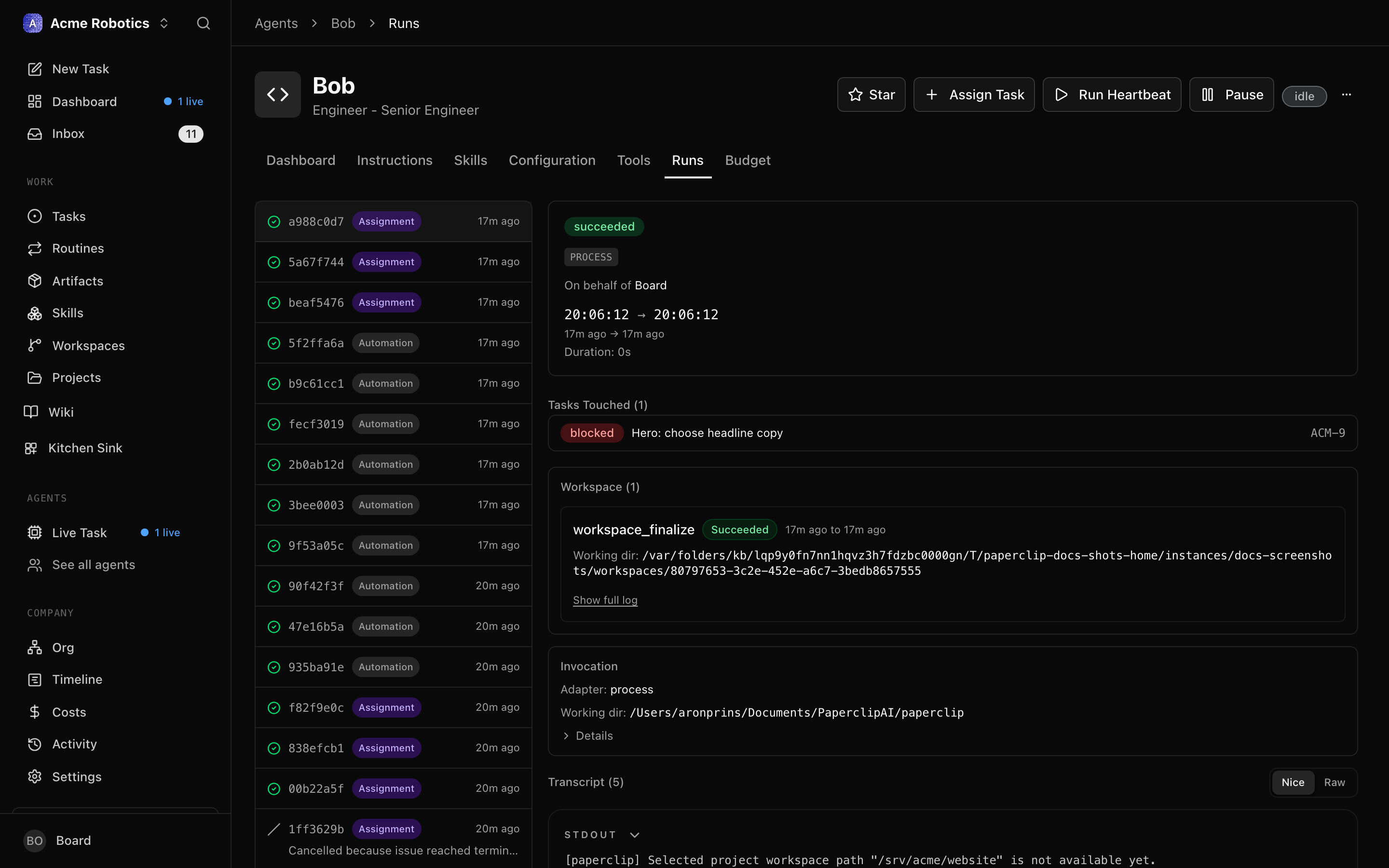 The agent detail page showing run history with heartbeat transcripts