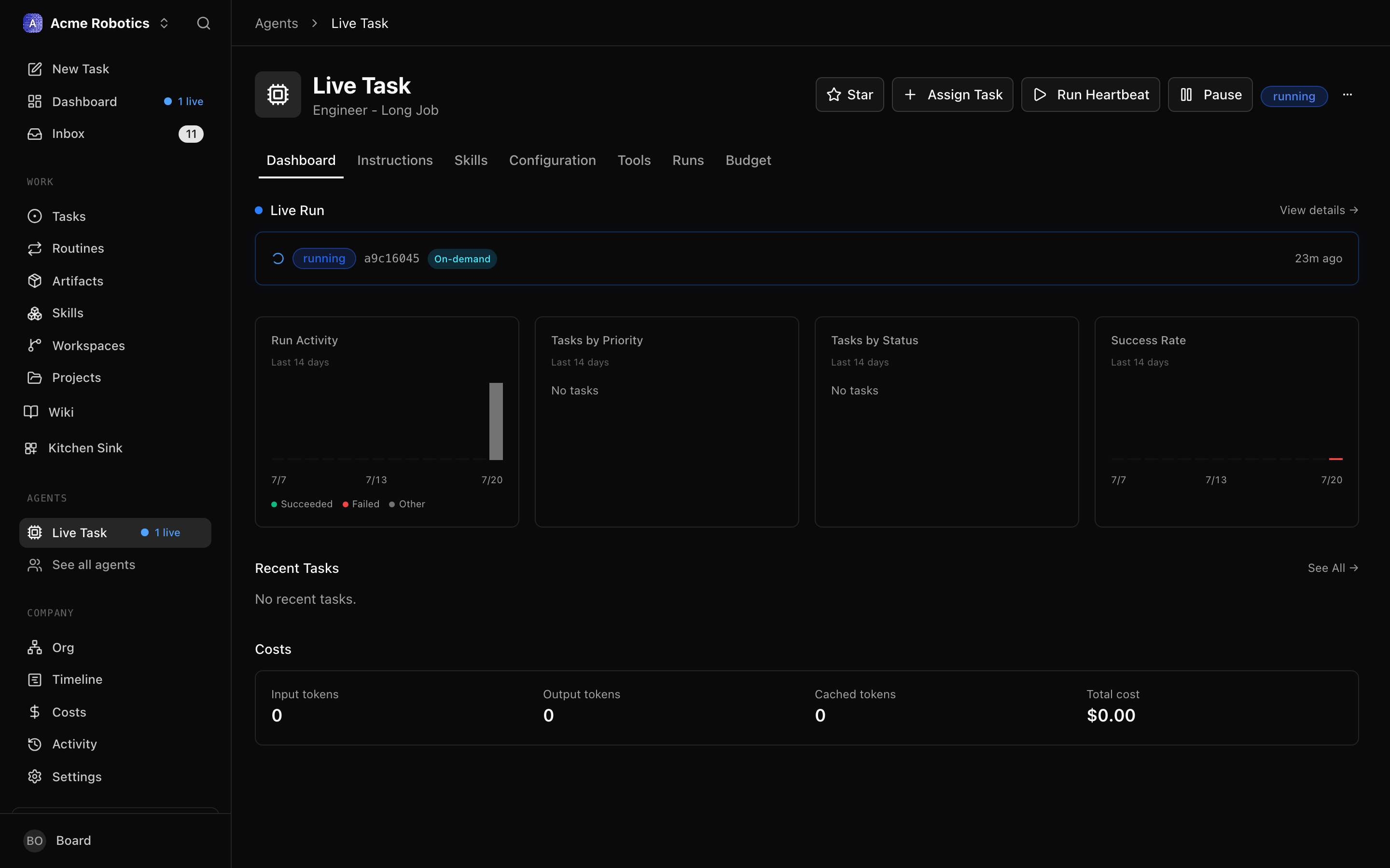 The agent detail page showing the CEO in "running" status with a live progress indicator