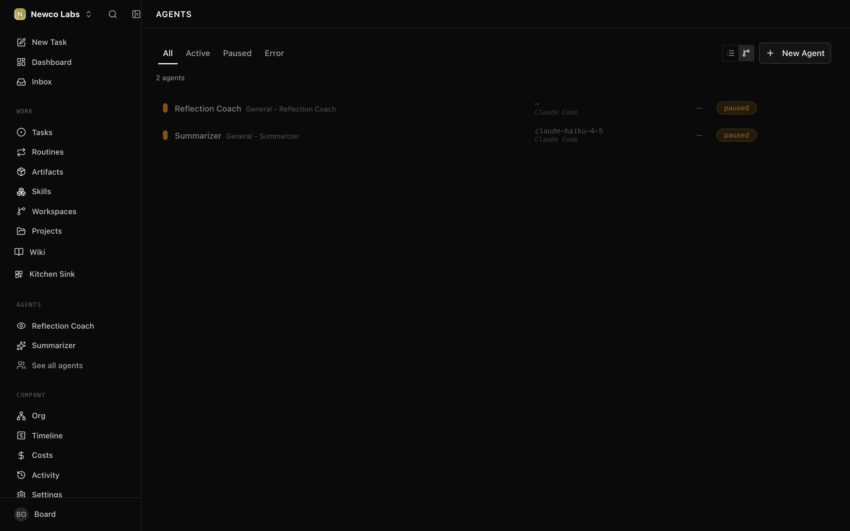 The empty agents list with a New Agent button