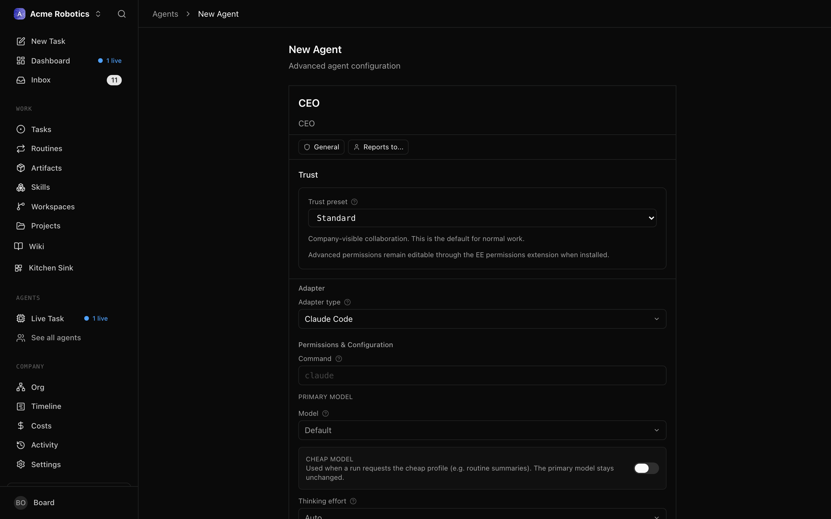 The budget and heartbeat configuration fields for the new agent