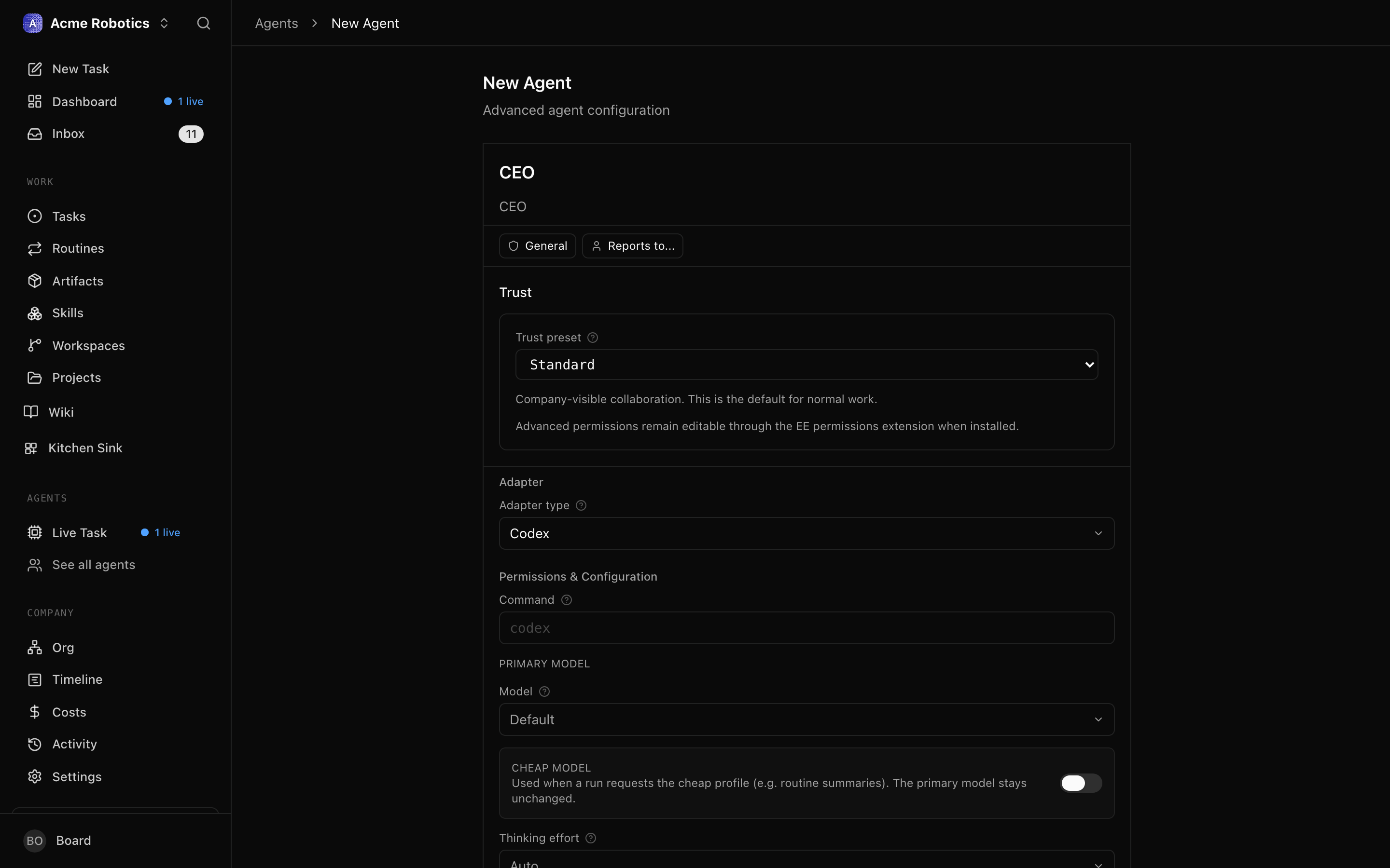 Codex local adapter configuration form