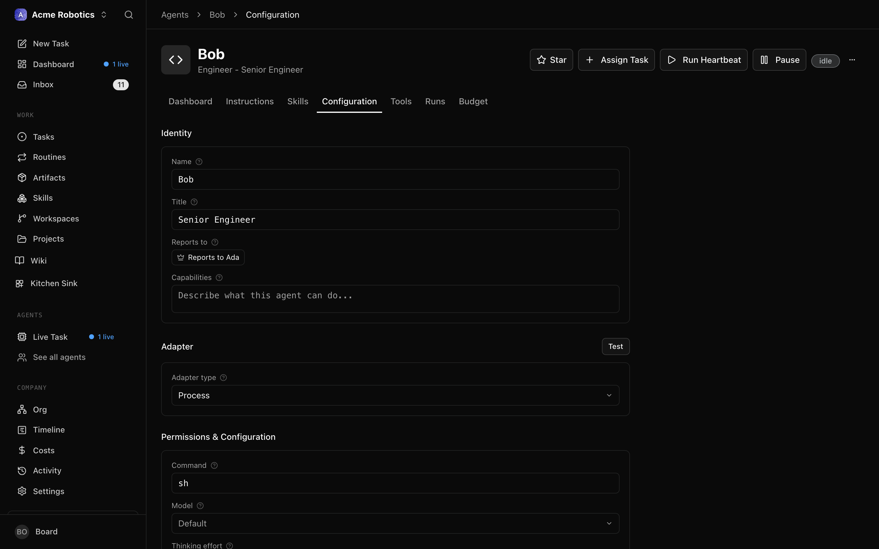 The agent detail page with the heartbeat toggle in its disabled state
