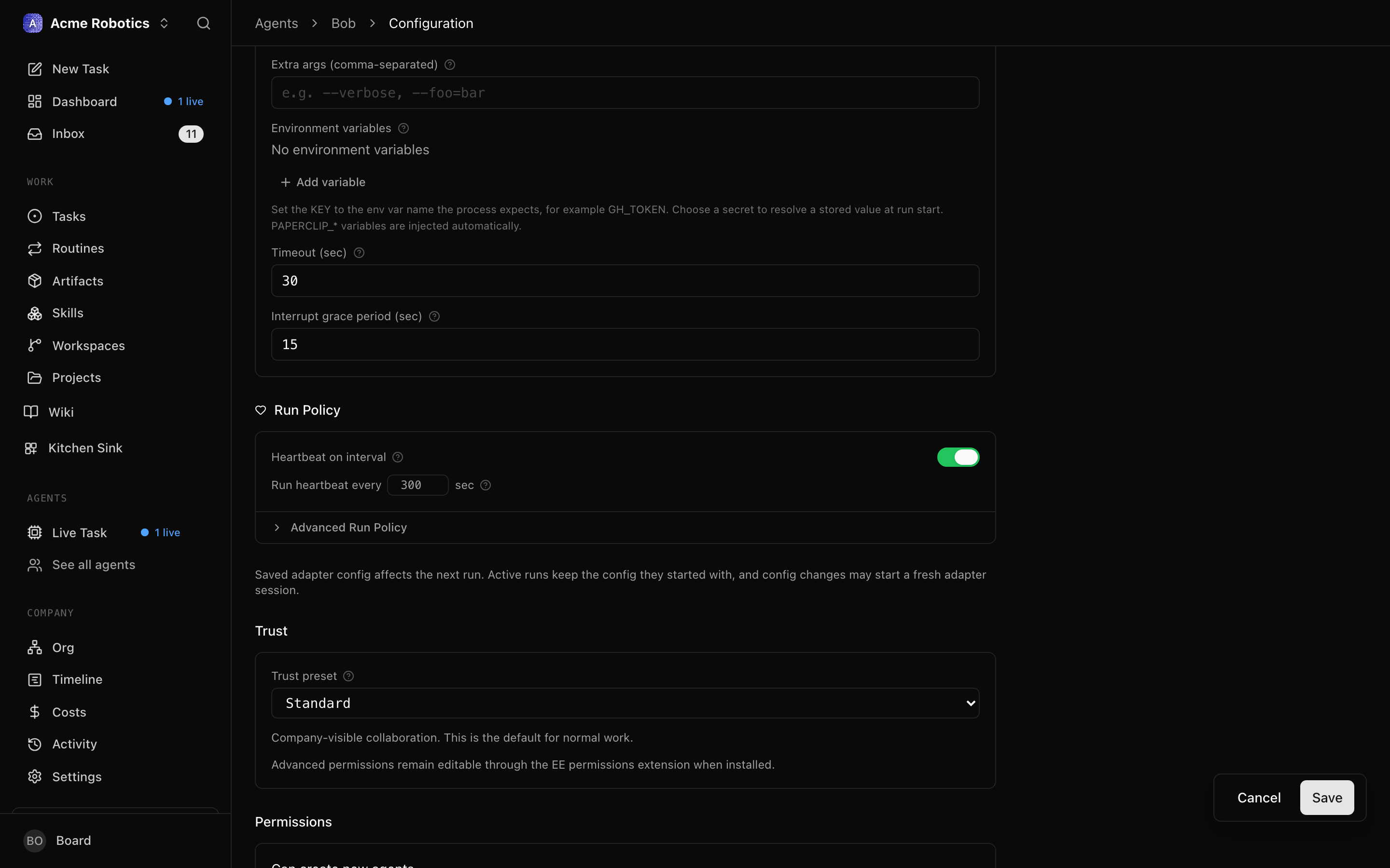 The agent detail page with the heartbeat toggle in its enabled state