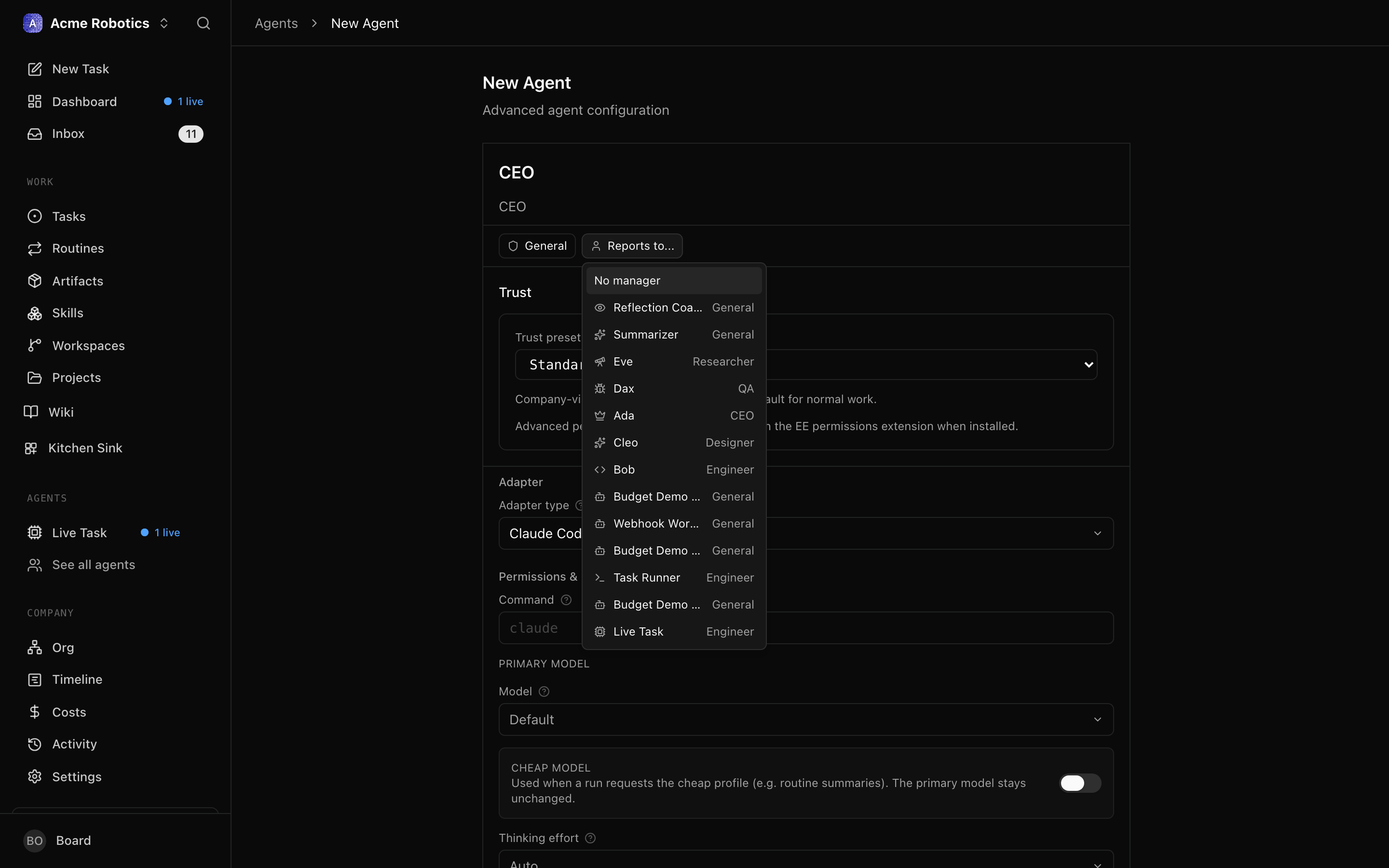 New agent form showing the Reports to dropdown with CEO selected