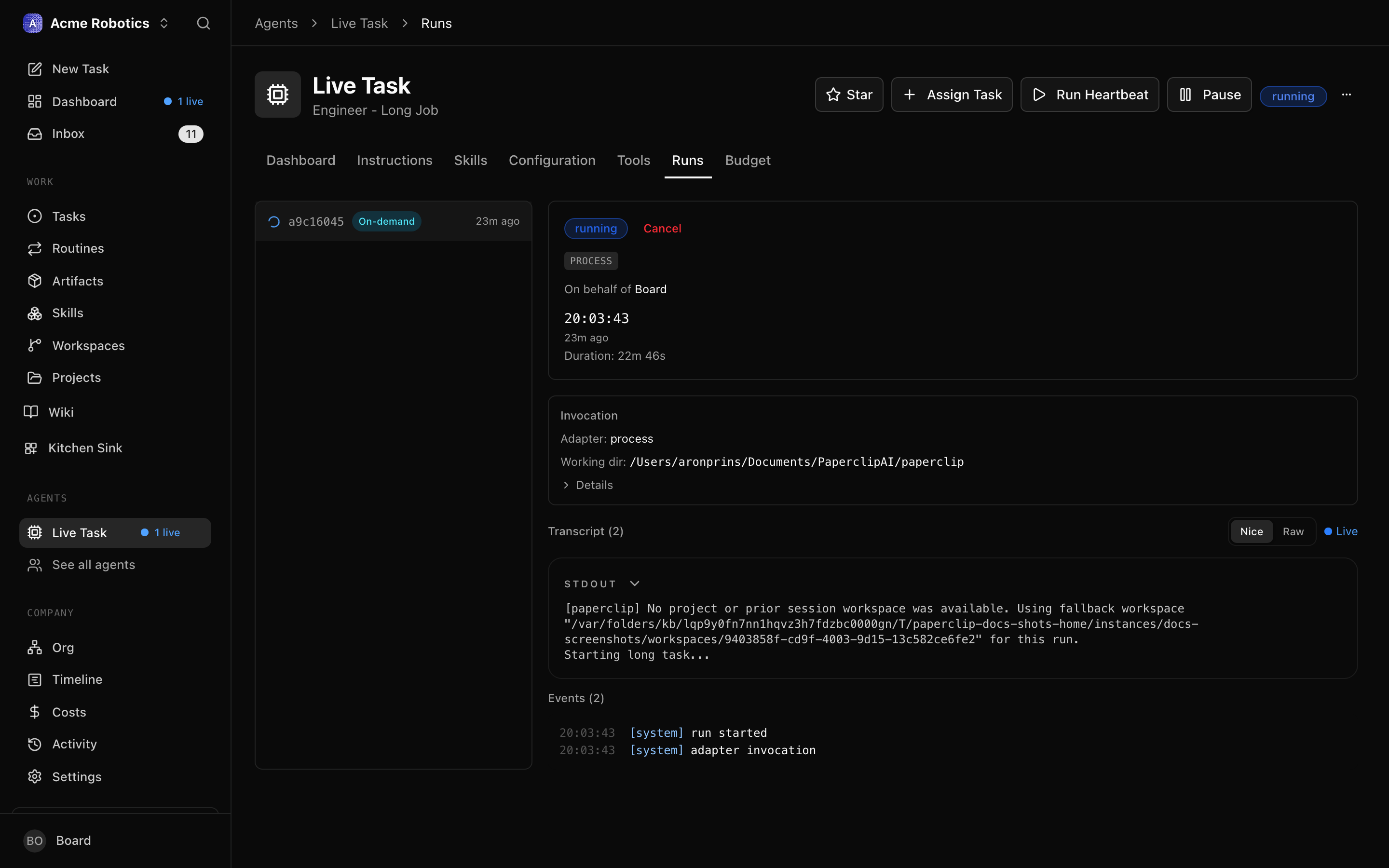 The run history section showing a heartbeat in progress