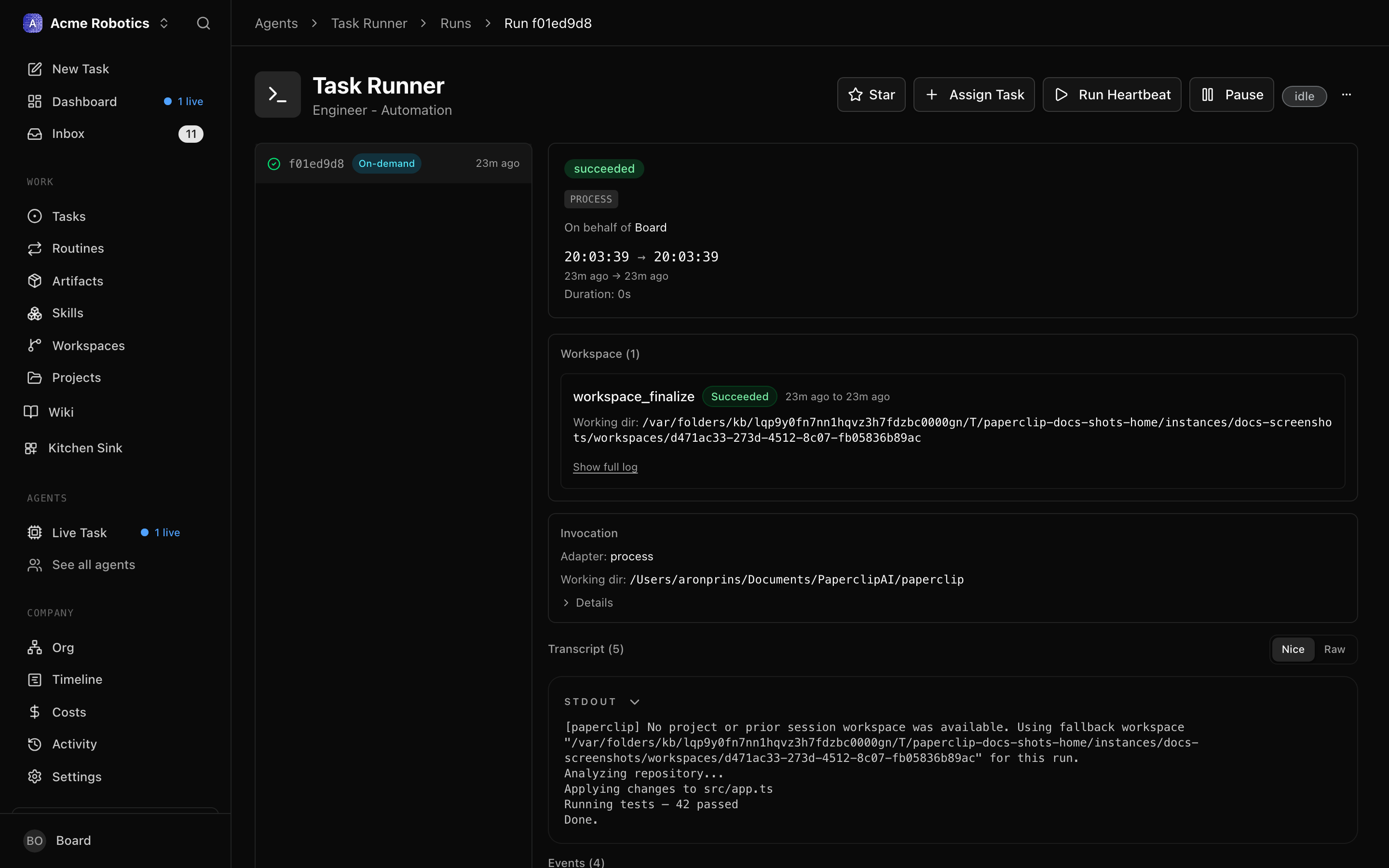 The run transcript view showing the full log of what the CEO did during a single heartbeat