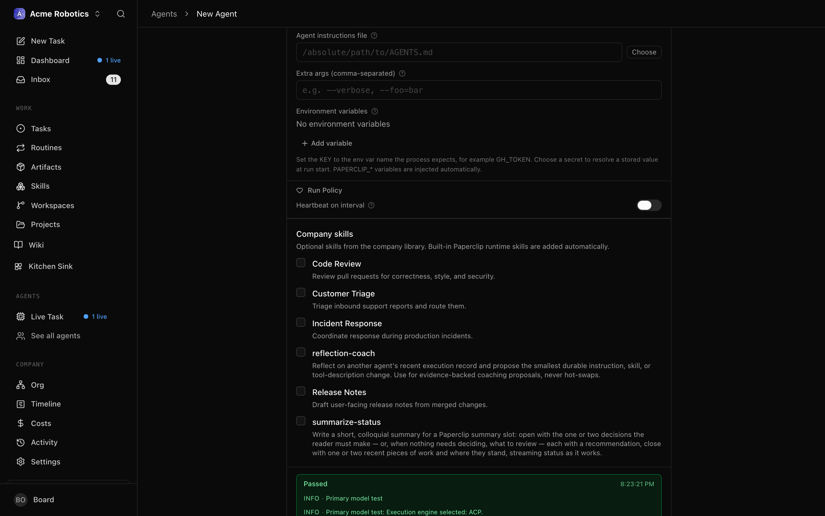 The test environment result showing a failure with an error message