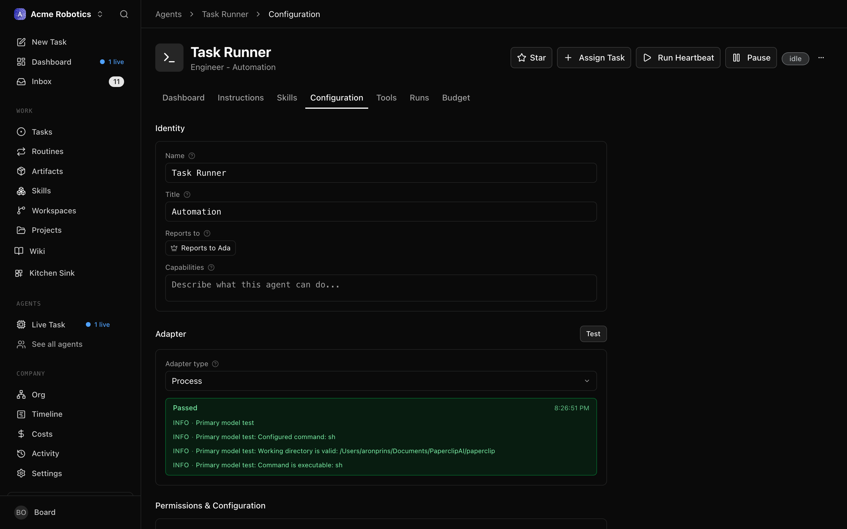 The test environment result showing a success state