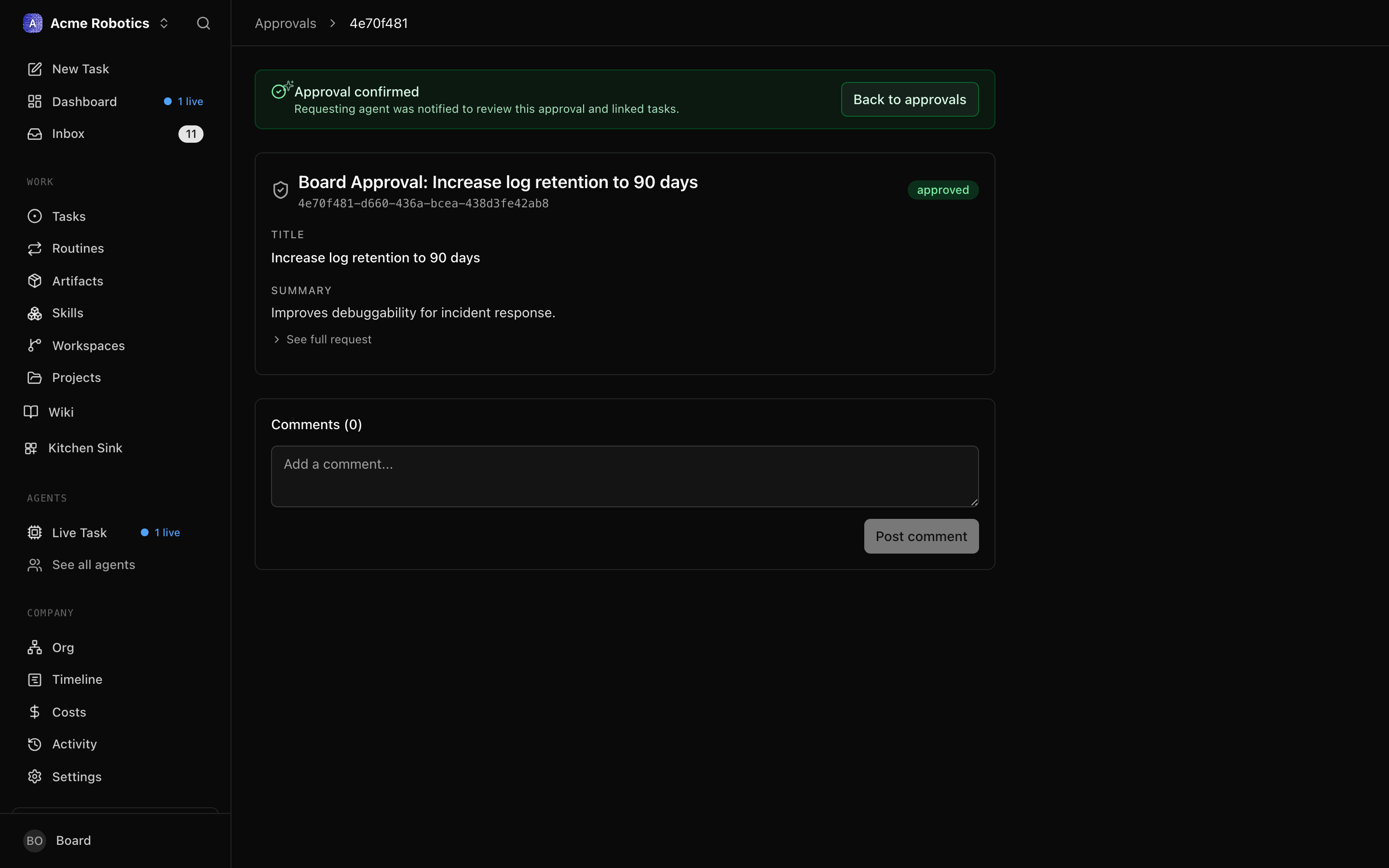 An approved approval showing the approved status badge and the timestamp of the decision
