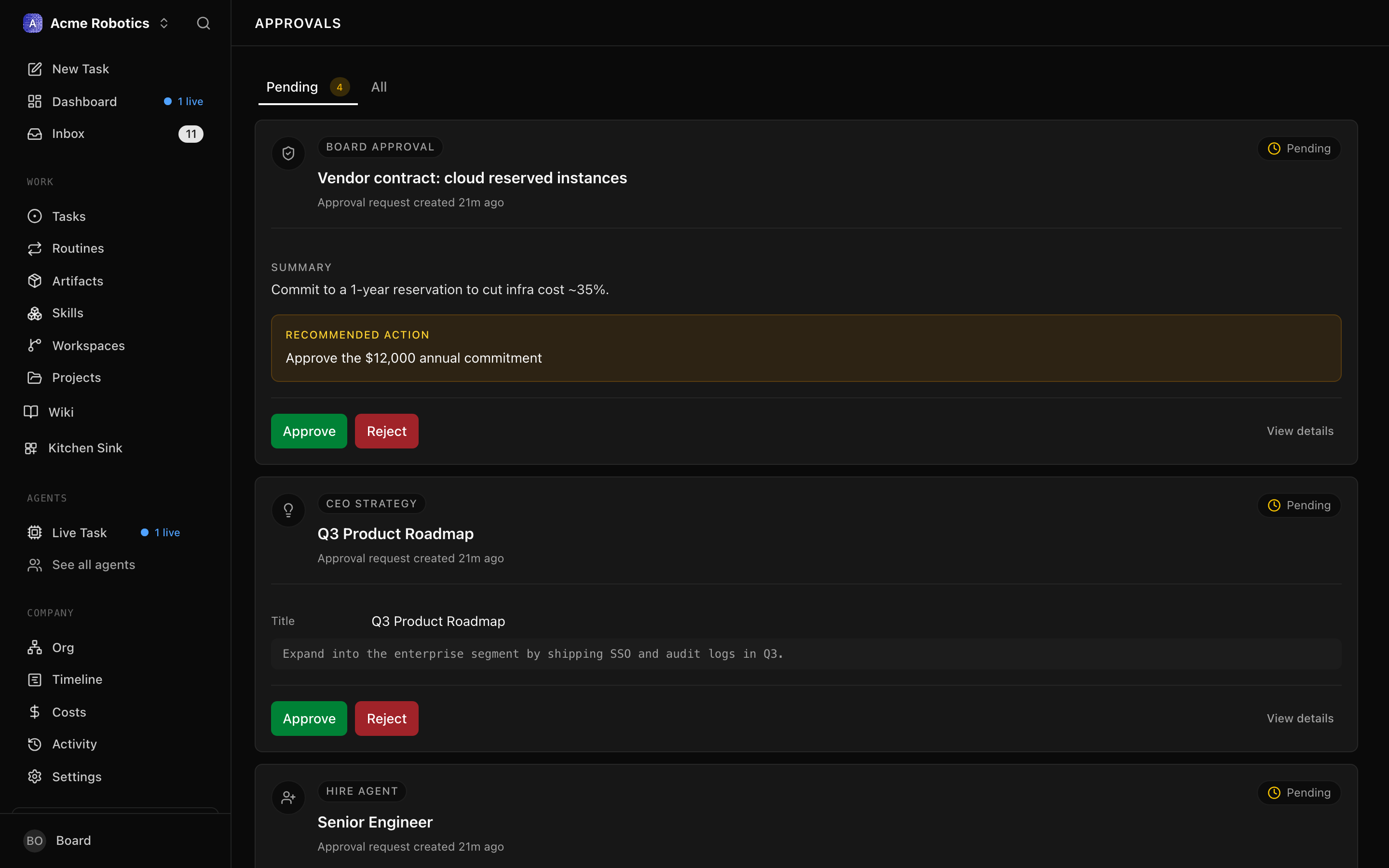 Approvals tab bar with Pending and All tabs and a pending count pill