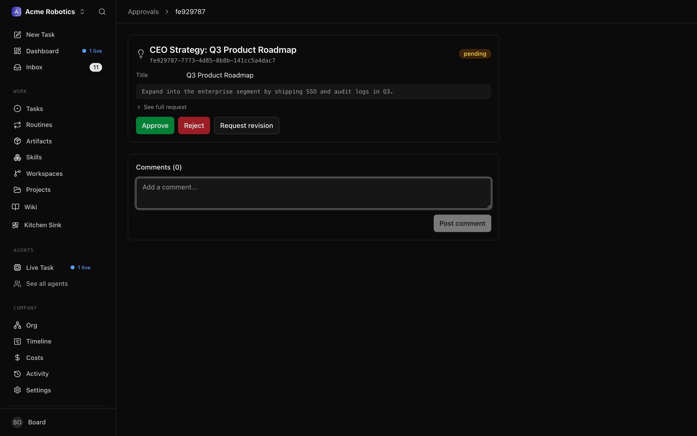 Revision request input box with a text field for explaining what changes are needed