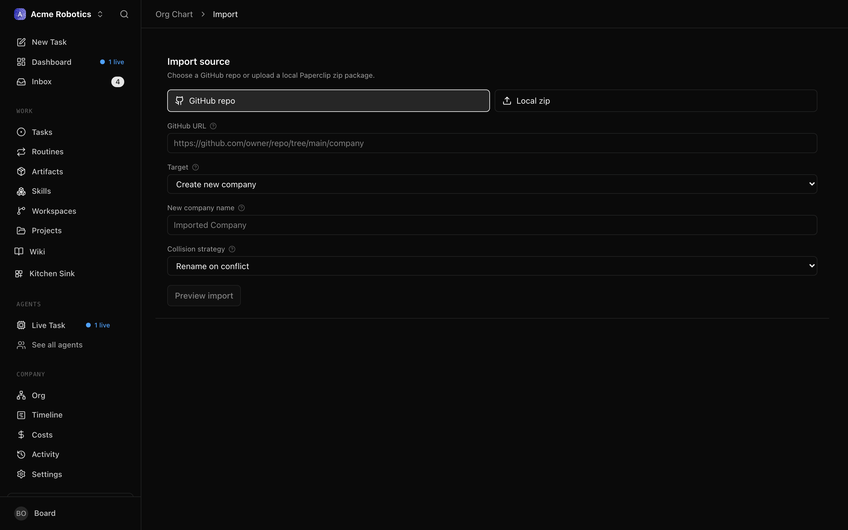 Import dialog
