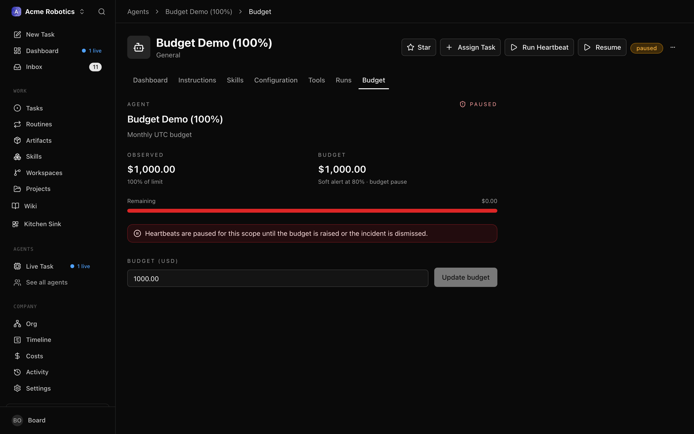 Agent budget bar at 100% — red, agent shown as paused