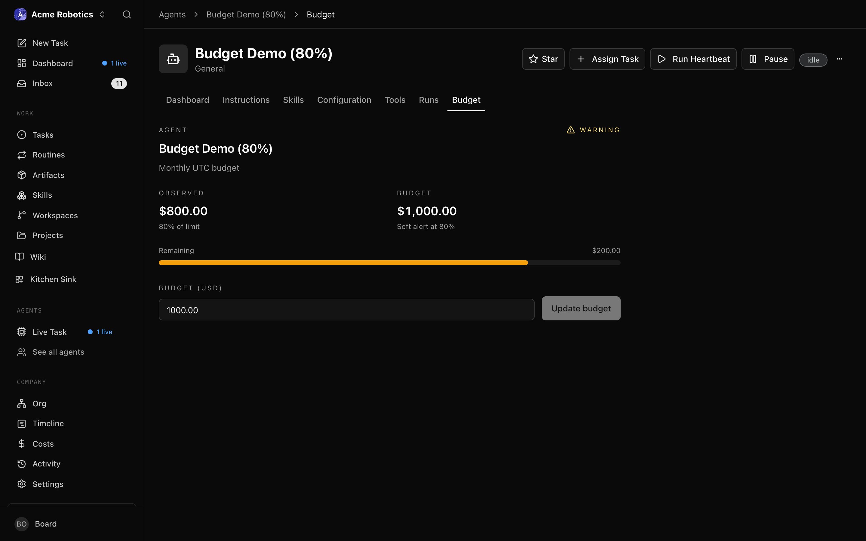 Agent budget bar at 80% — amber warning state