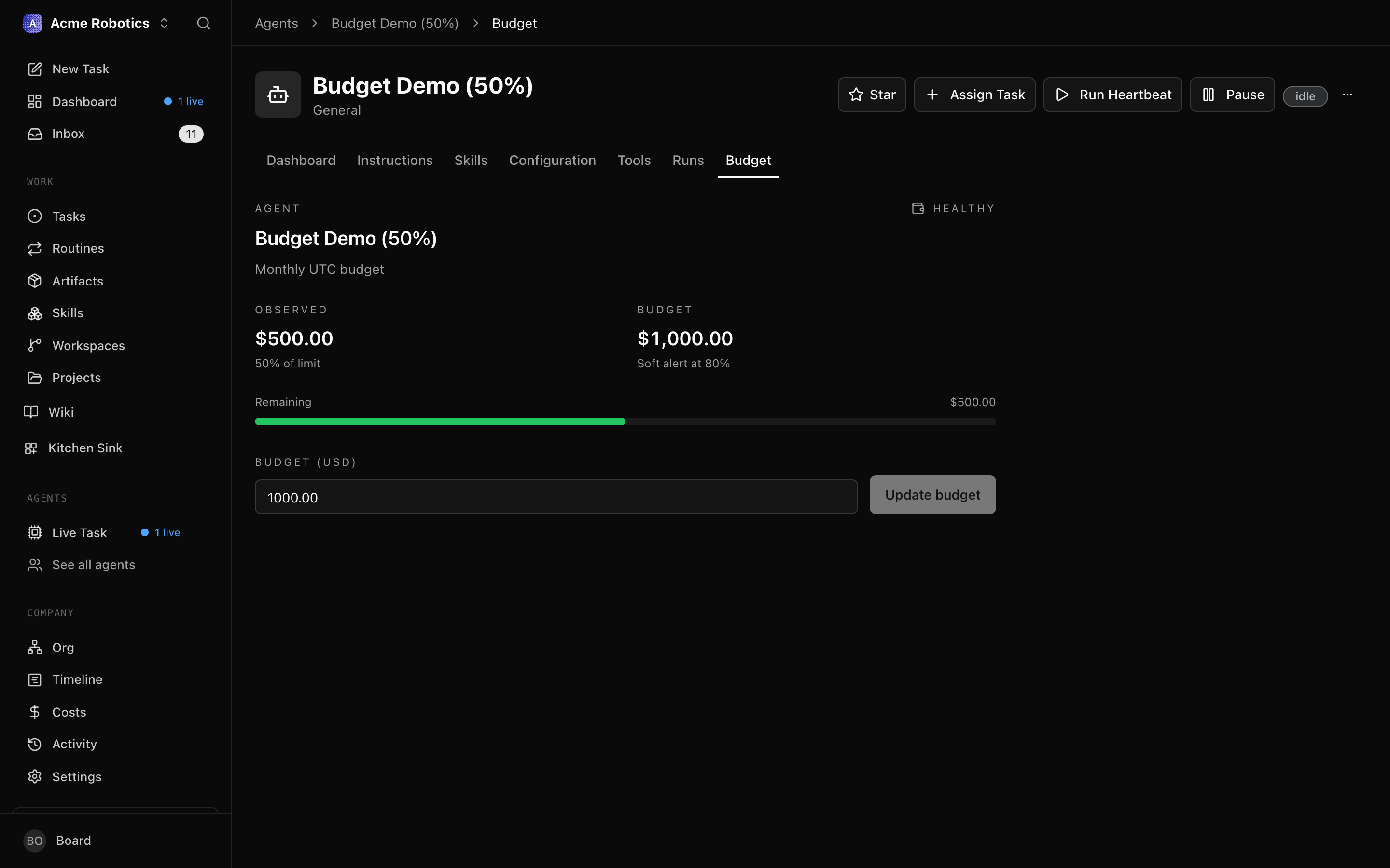 The cost summary panel showing per-agent budget bars with current spend