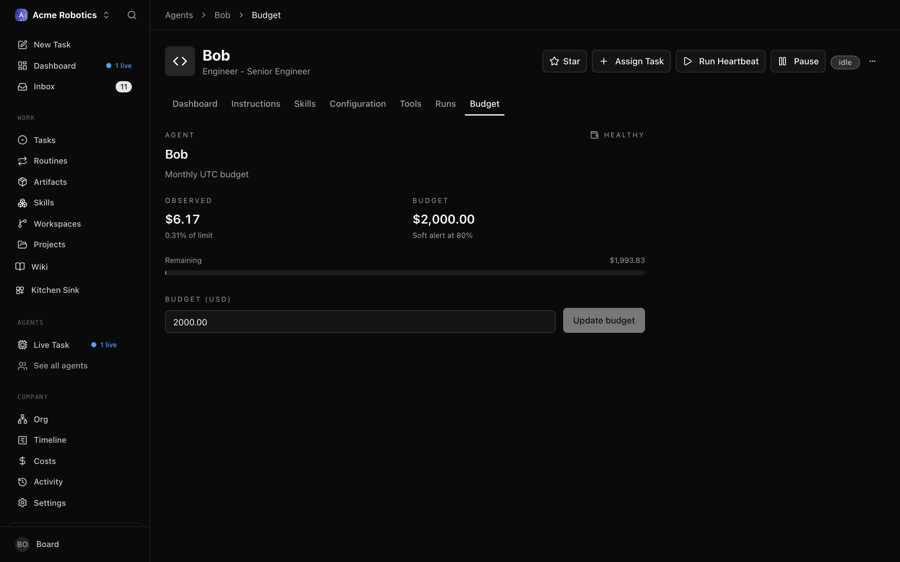 Agent budget field in the agent configuration panel