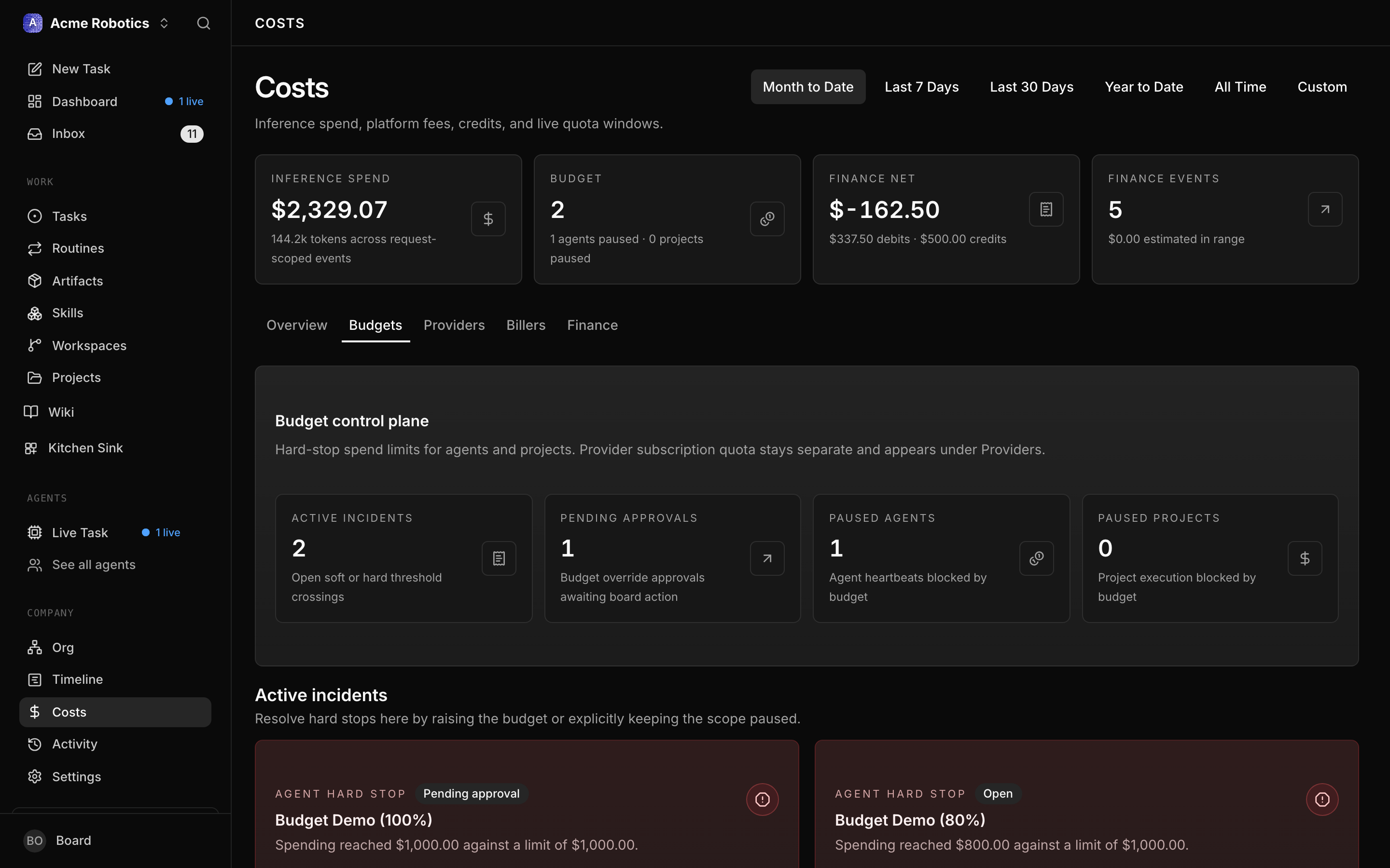 Company settings page showing the Monthly Budget field