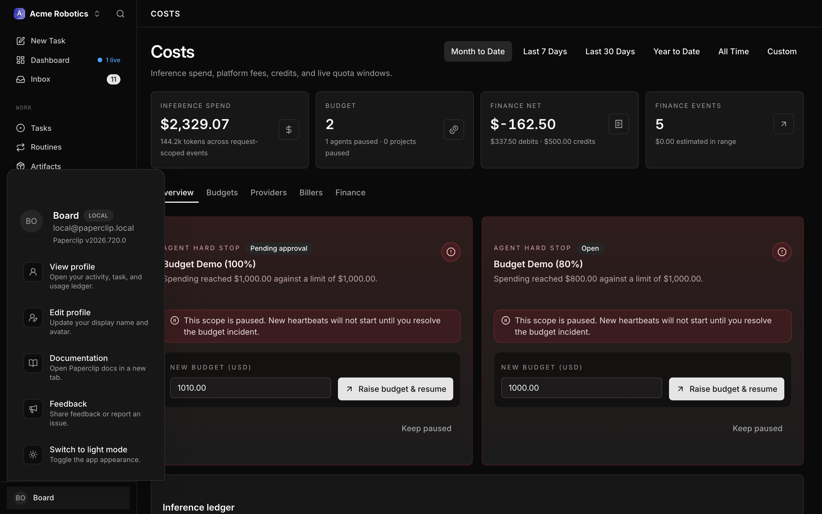 Per-run cost detail showing model, input tokens, output tokens, and dollar cost for each heartbeat
