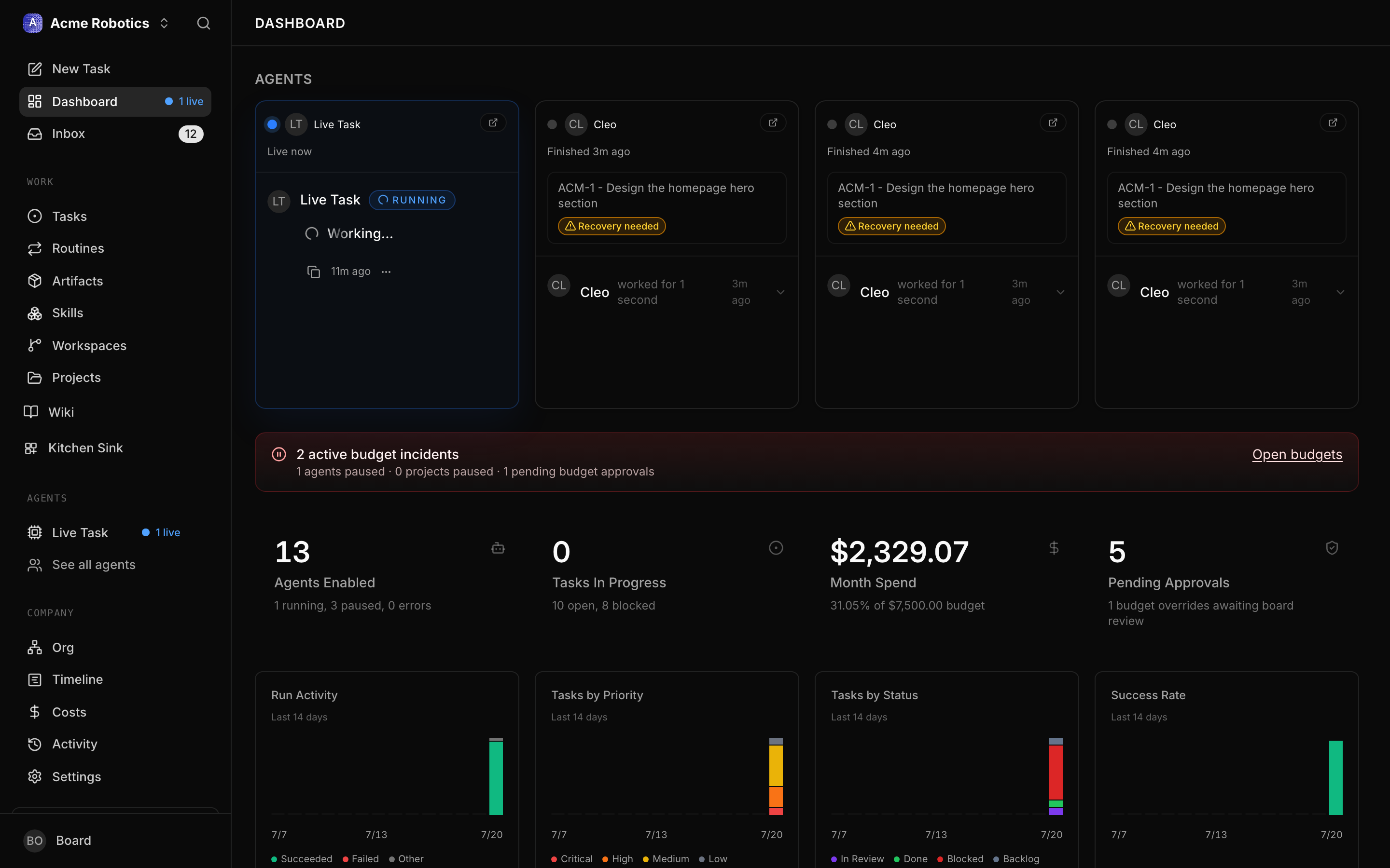 Recent Activity feed showing the latest events with timestamps, actors, and descriptions