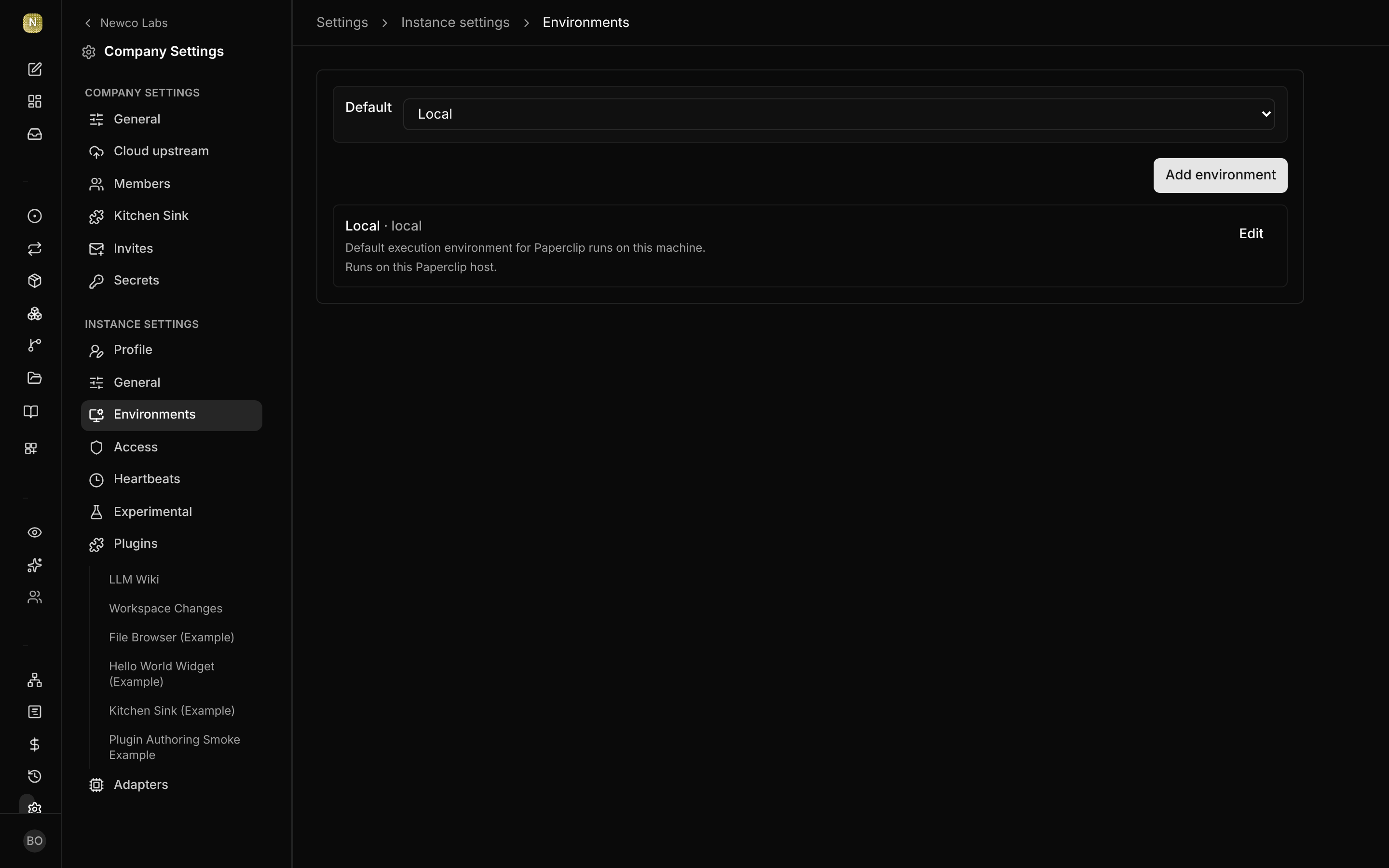 Environment management in instance settings
