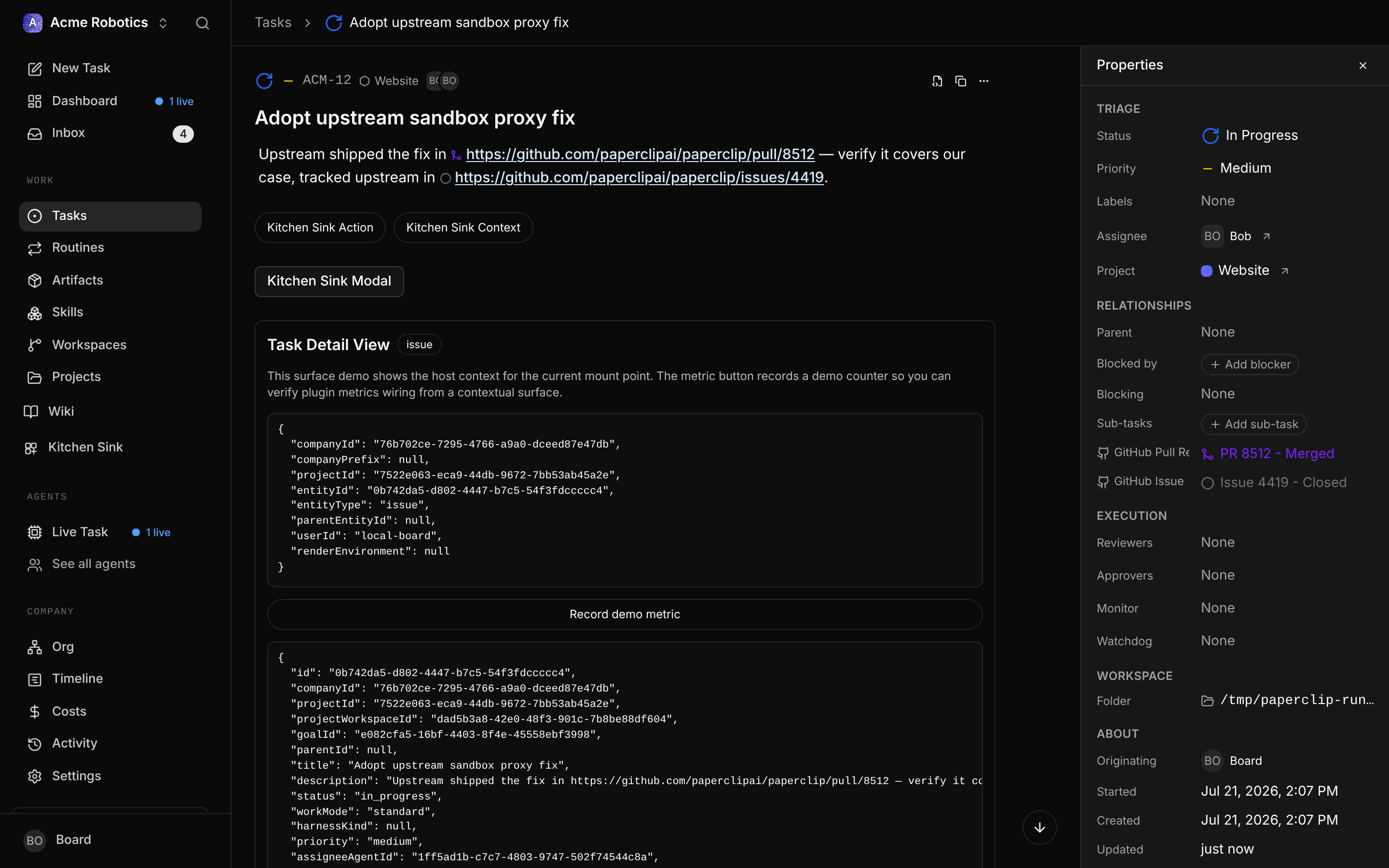 External object status on an issue