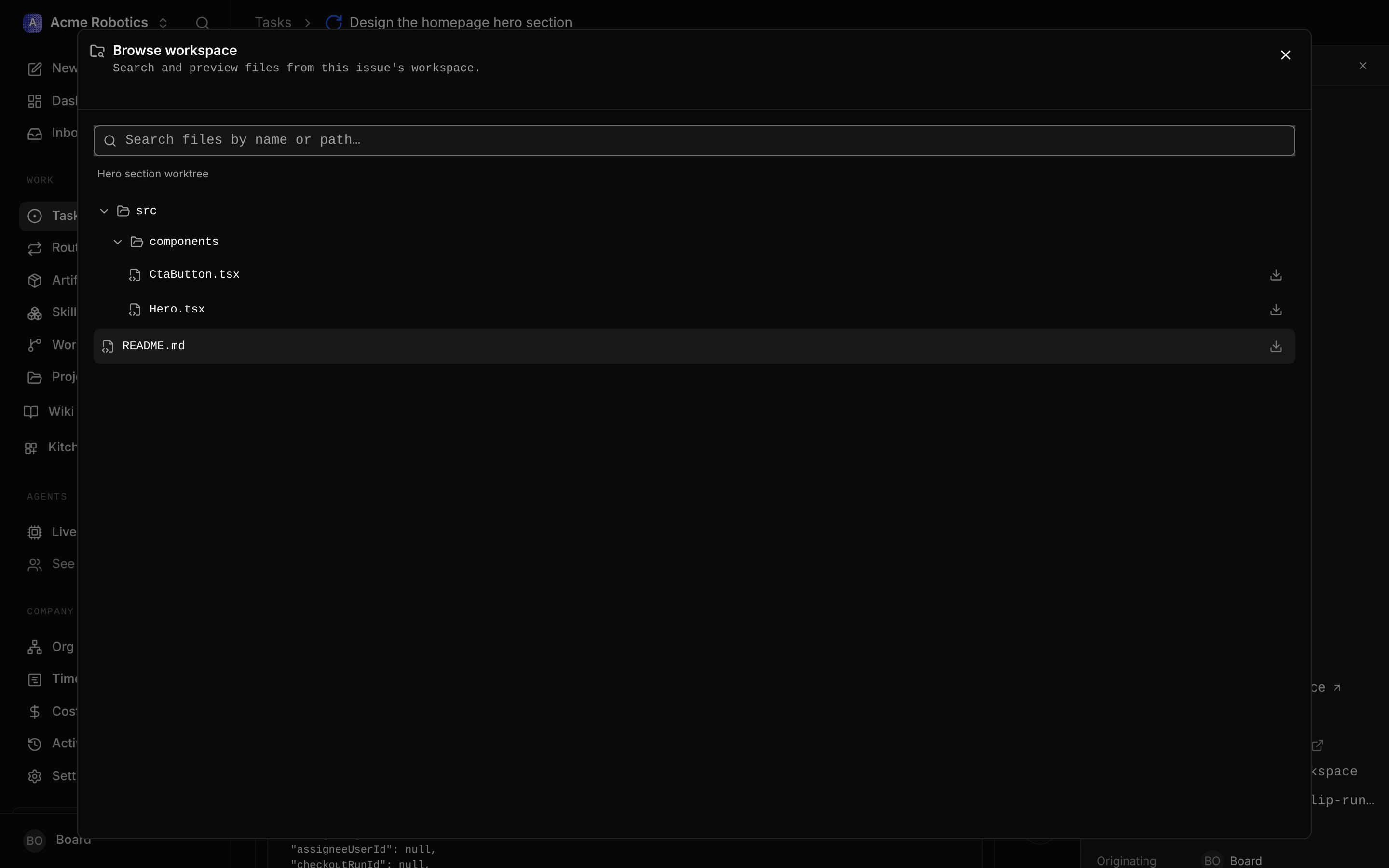 Browsing workspace files from a task