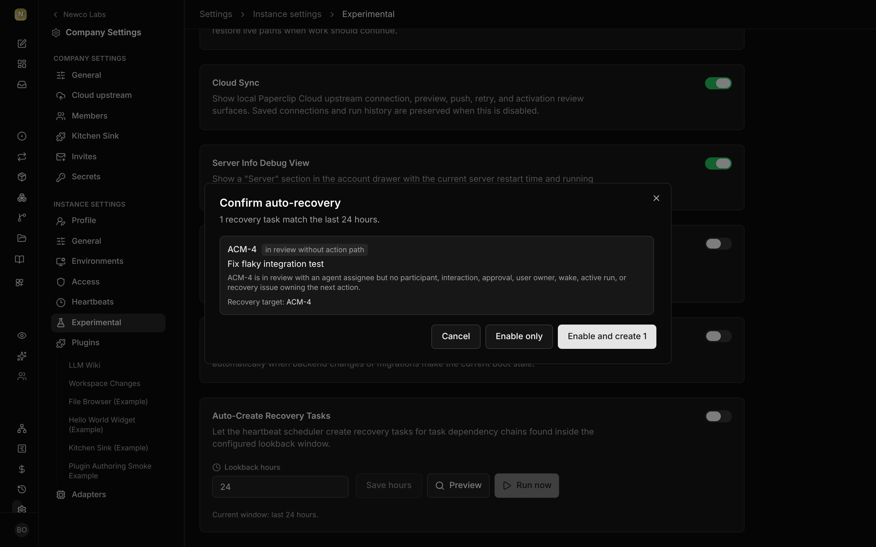 The Auto-Create Recovery Tasks card with its preview dialog