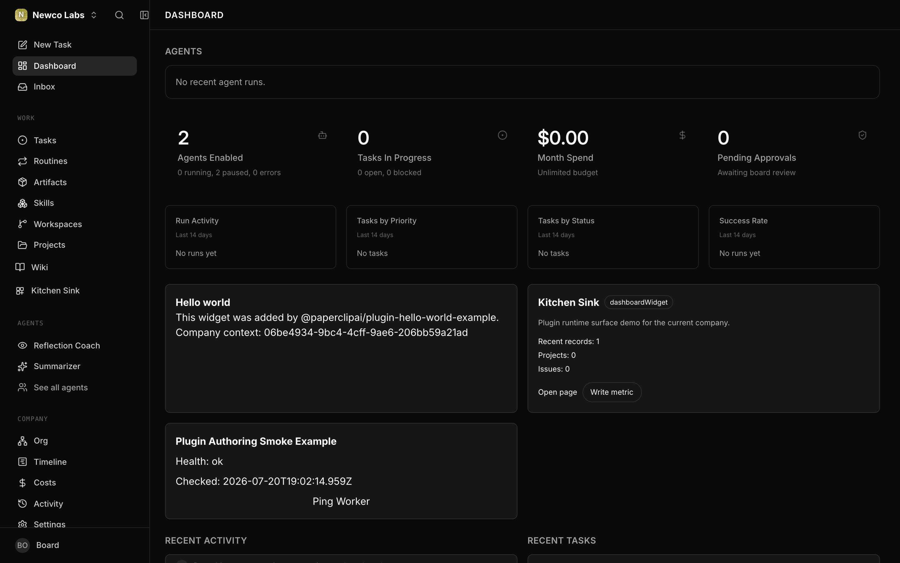The empty company dashboard after creation, with no agents or tasks yet