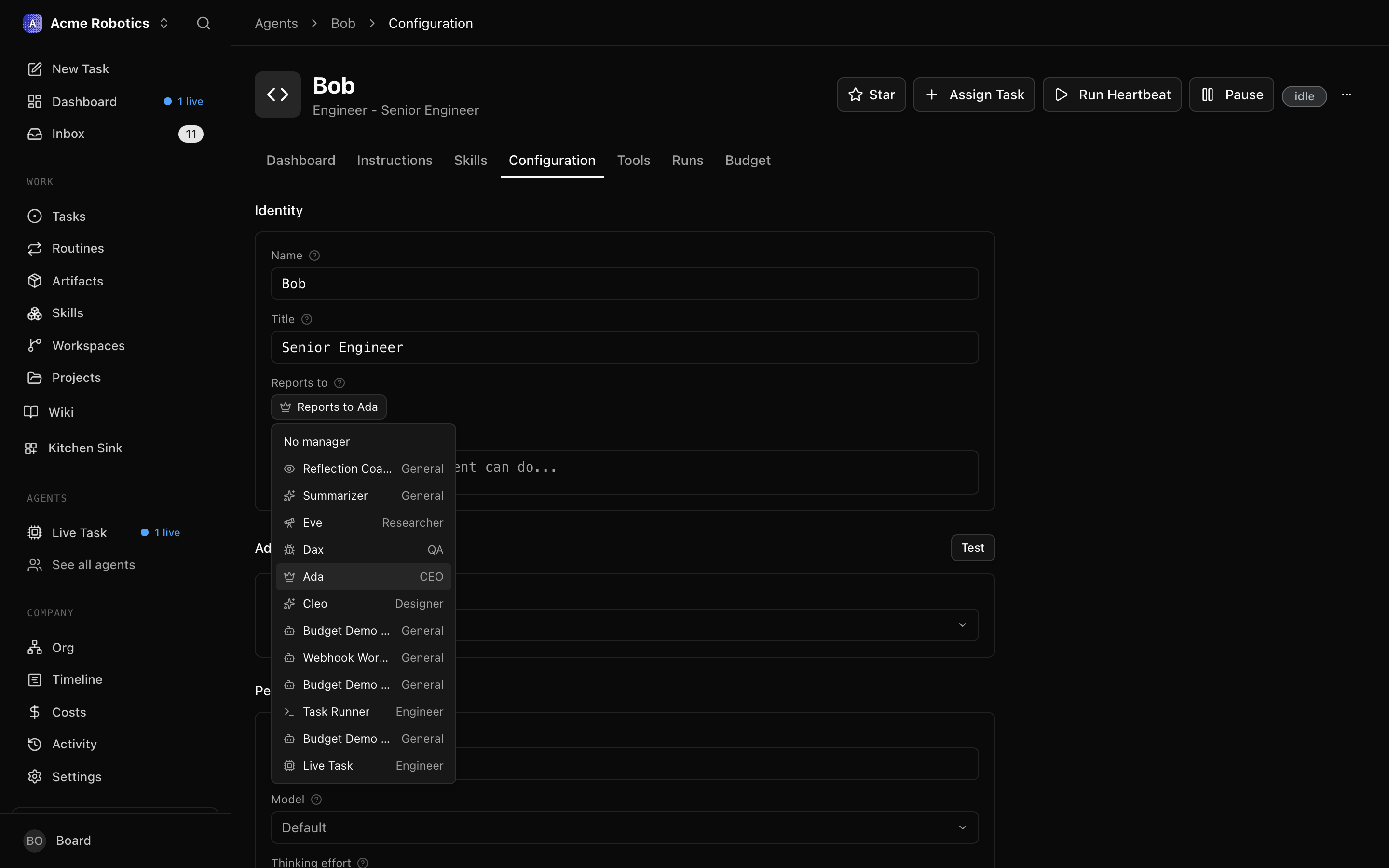 Agent configuration with the Reports to dropdown expanded, selecting a new manager