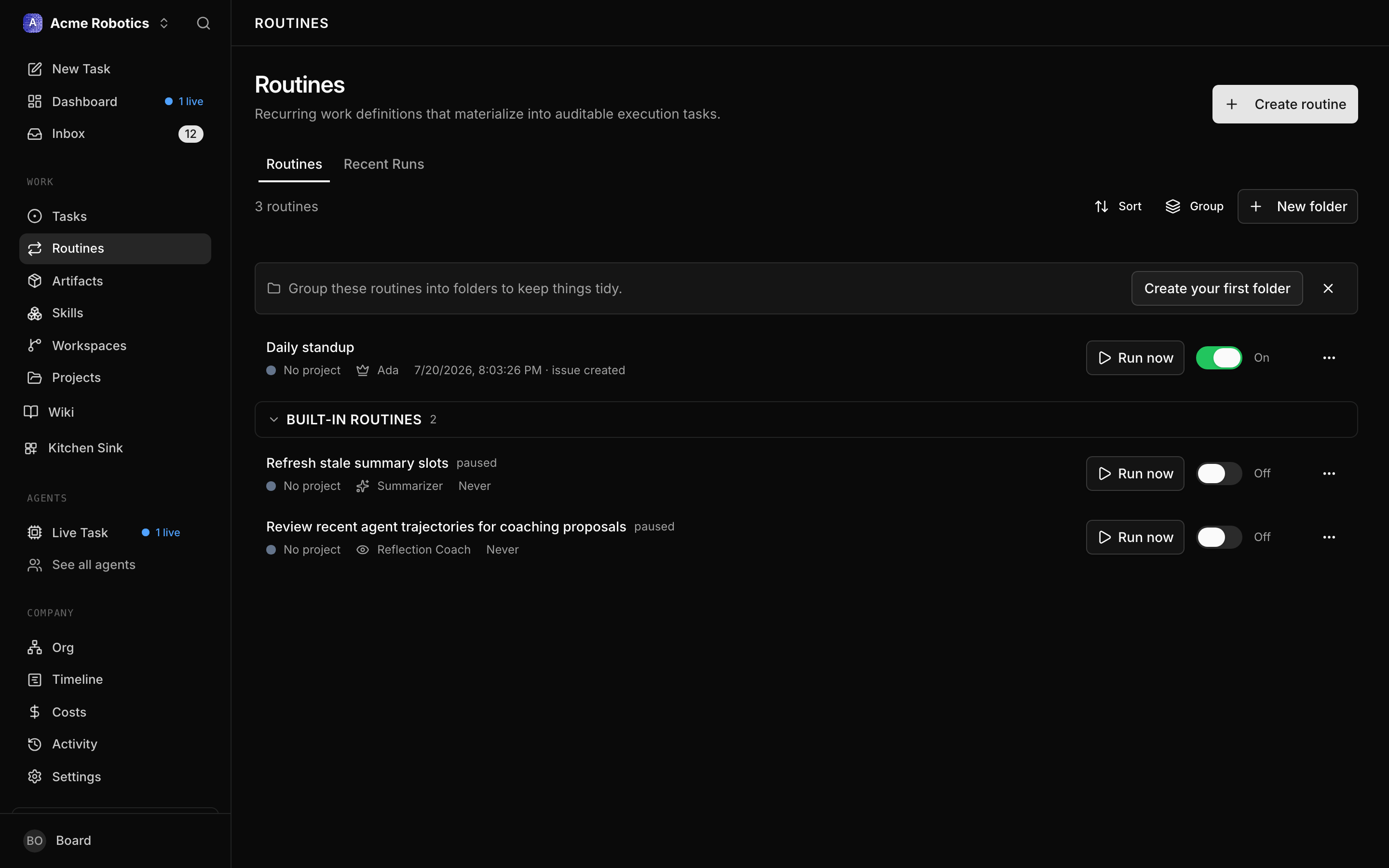 Routines list