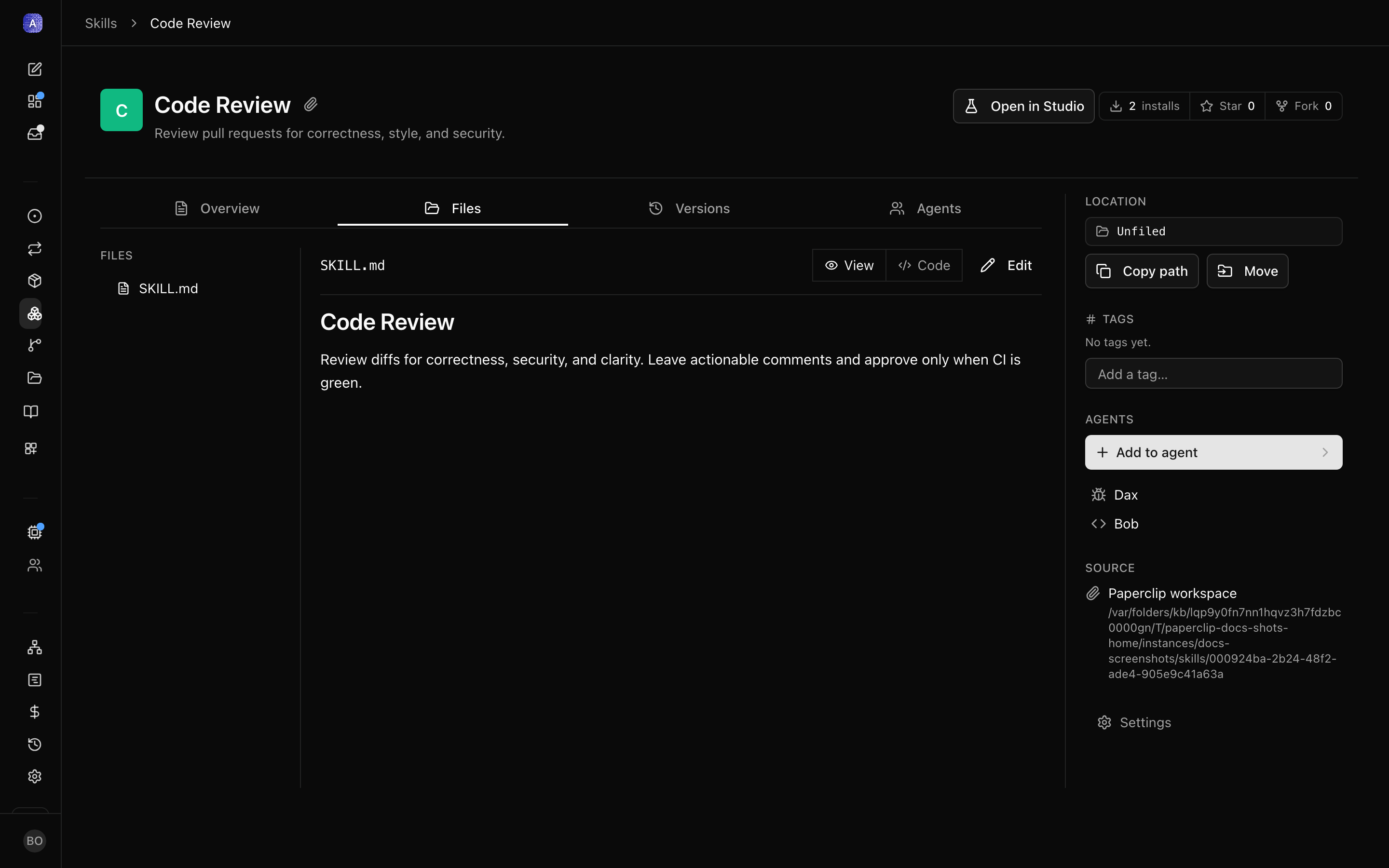 Agent Skills tab with required, optional, and unmanaged sections, plus a link to the company skill library