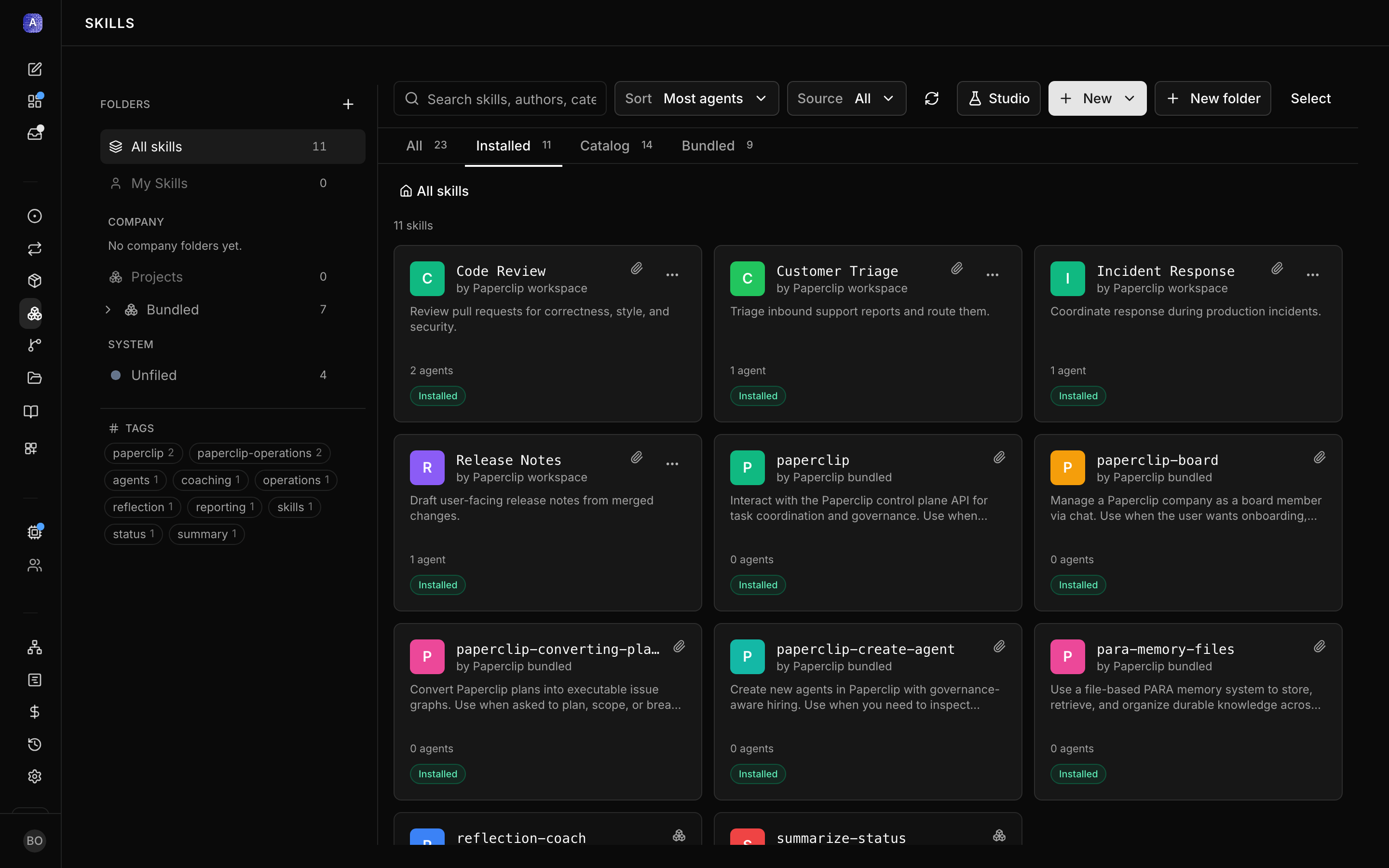 Skill detail pane showing the file tree with SKILL.md plus a references folder, and metadata badges for source, pin, key, and editable state