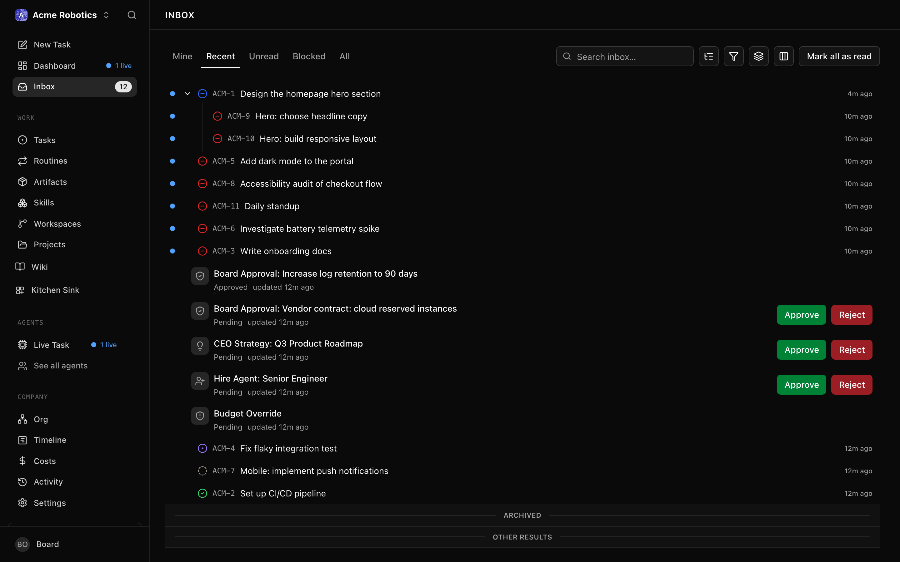 The task inbox showing newly created tasks from the CEO's first planning heartbeat