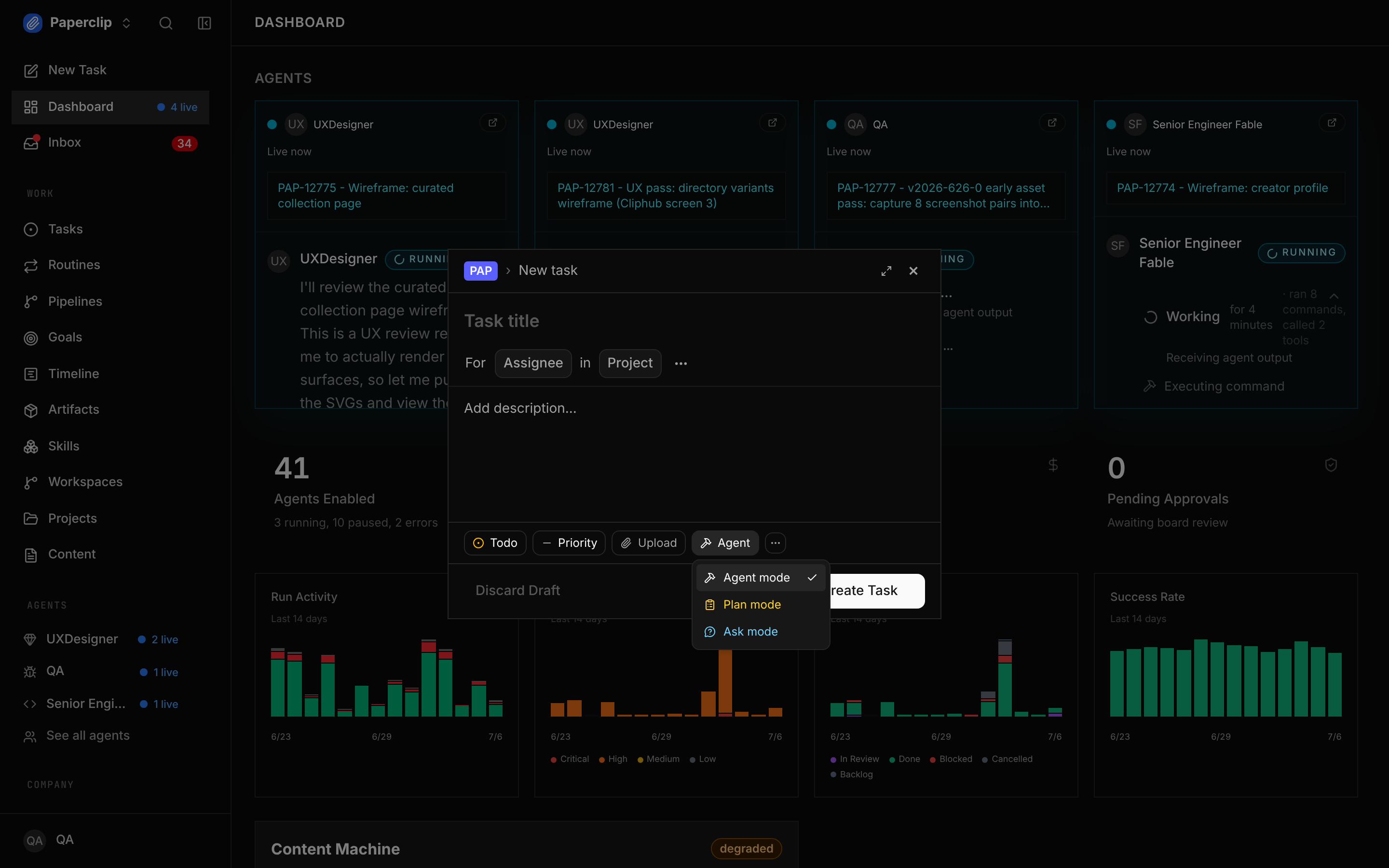 The work-mode selector on the new-task form, offering Agent mode, Plan mode, and Ask mode.