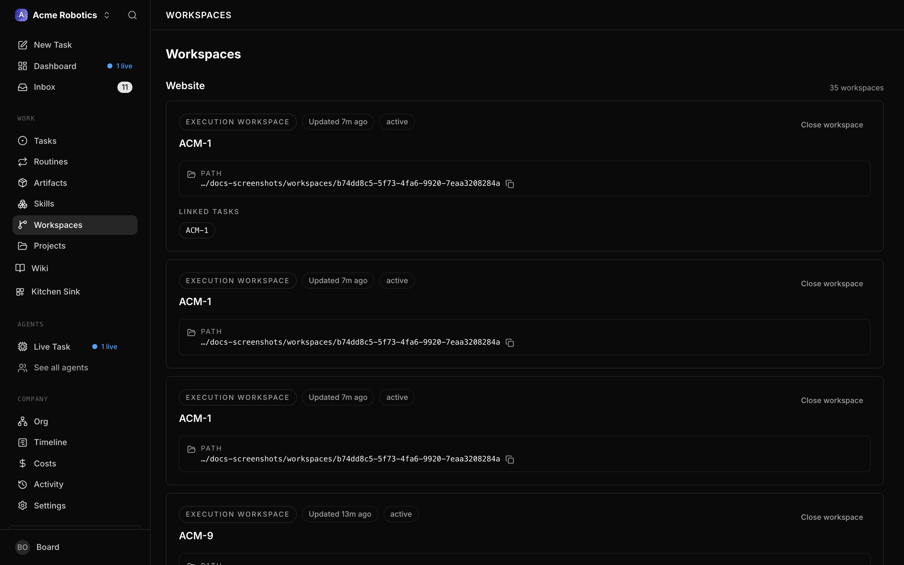 The Workspaces screen