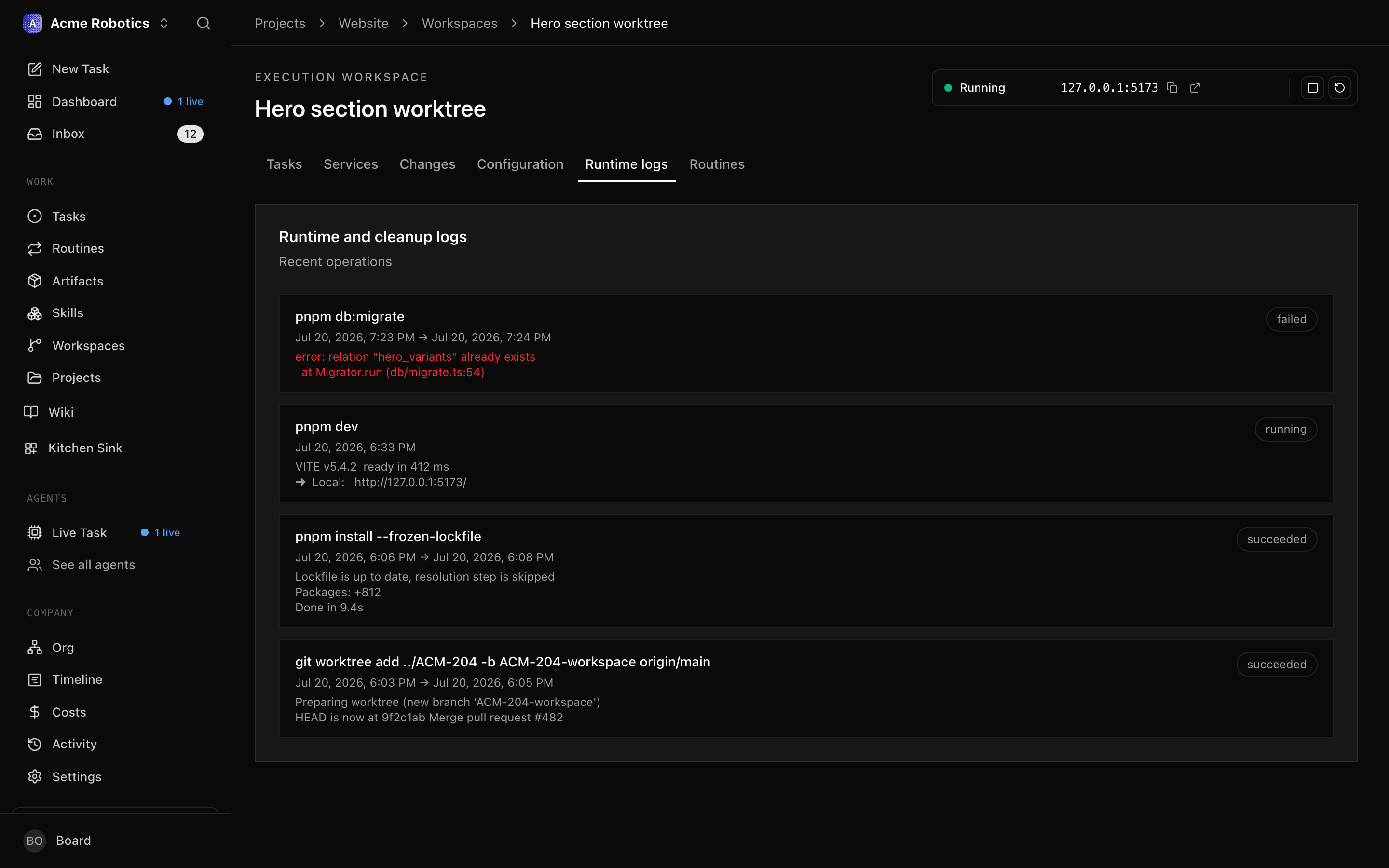 Runtime logs tab